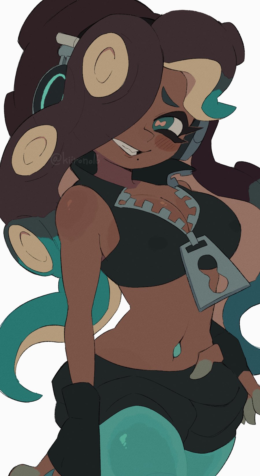 aqua_eyes aqua_hair aqua_pantyhose artist_name bare_shoulders black_gloves black_shirt black_shorts blush_stickers breasts brown_hair cephalopod_eyes cleavage cowboy_shot crop_top dark-skinned_female dark_skin female fingerless_gloves furrowed_brow gloves grin hair_over_one_eye hand_on_own_hip headphones highres horizontal_pupils kiirono large_breasts long_hair looking_at_viewer marina_(splatoon) midriff mole mole_under_mouth multicolored_hair navel_piercing octoling one_eye_covered pantyhose pantyhose_under_shorts parted_bangs piercing pink_pupils shirt shorts simple_background smile solo splatoon splatoon_(series) splatoon_2 suction_cups tentacle_hair two-tone_hair very_long_hair watermark white_background zipper zipper_pull_tab