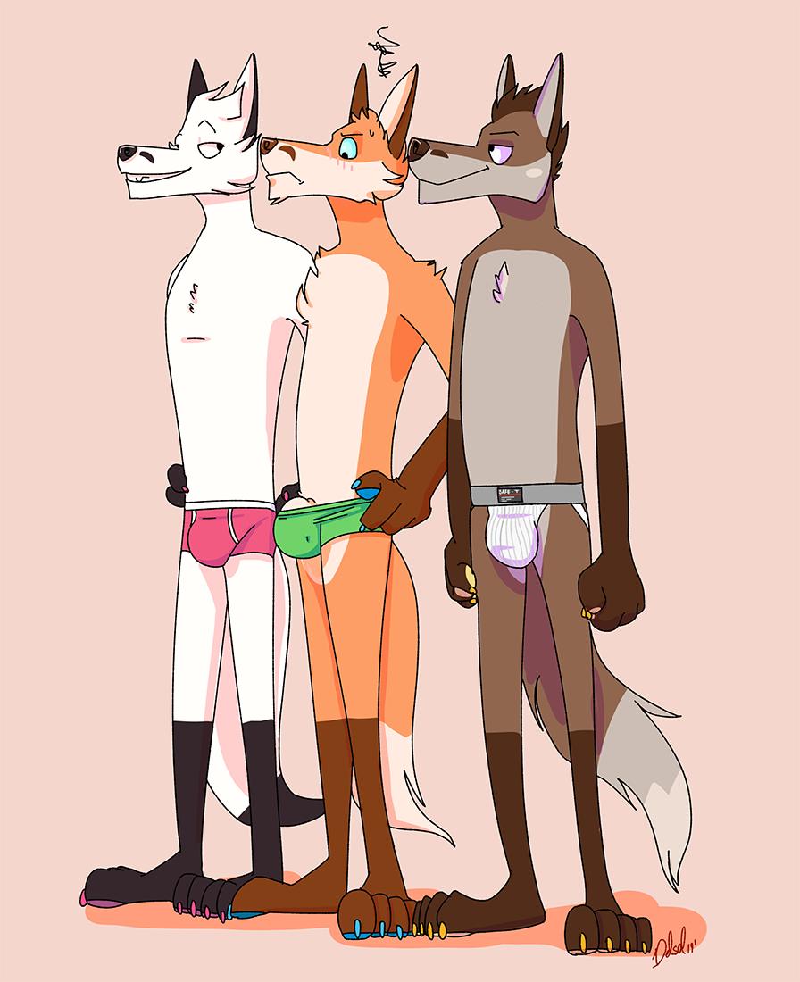 2019 anthro arctic_fox blush briefs bruce_(delsol) bulge canid canine chest_tuft clothed clothing delsol fox genitals group henry_(delsol) jockstrap looking_at_another male male/male mammal penis penis_poking_out red_fox redd_(delsol) standing tail toony trio true_fox tuft underwear underwear_only