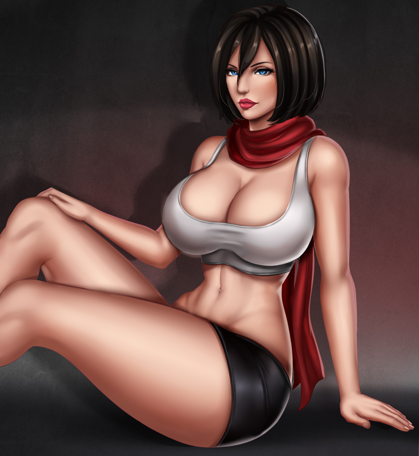 1girls, attack on titan, breasts, cleavage, female, female only, flowerxl, huge breasts, looking at viewer, mikasa ackerman, pinup, shingeki no kyojin, solo, uncensored