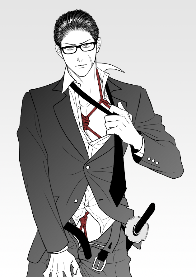 1boy bondage bondage_under_clothes glasses katana male male_focus male_only mob_psycho_100 monochrome rope scar shiru_(pepeelotion) solo suit sword tagme tie undressing weapon yusuke_sakurai