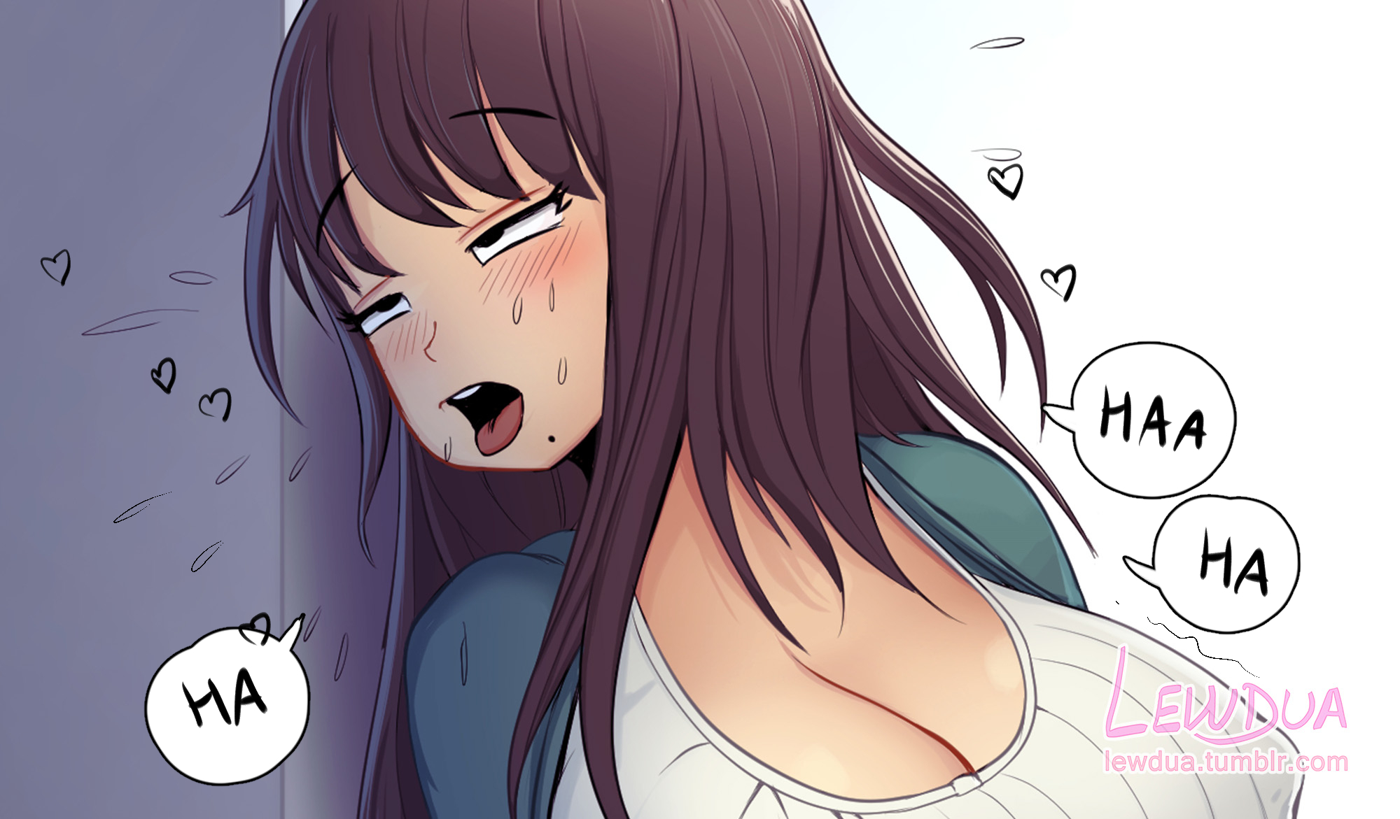 2futas, ahe gao, alison (lewdua), big breasts, blush, breasts, cleavage, comic, dickgirl, futa on futa, futanari, intersex, large breasts, lewdua, open mouth, original, speech bubble, stealth sex, text, tongue, tongue out