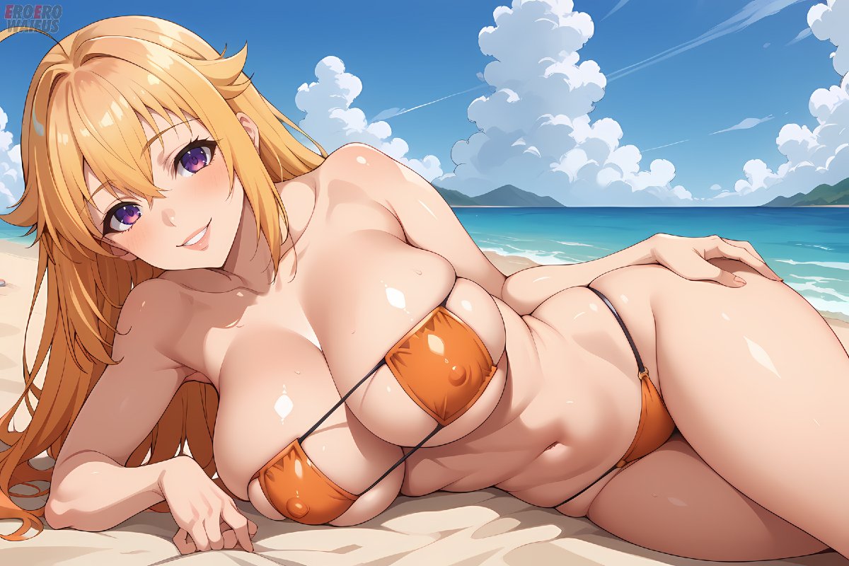 ai_generated athletic_female bare_thighs beach big_breasts bikini bikini_top blonde_hair eroero_waifus huge_breasts huge_thighs koshi_torako light-skinned_female light_skin long_hair looking_at_viewer massive_breasts purple_eyes shikanoko_nokonoko_koshitantan smiling solo_female squatting sweat sweatdrop thick_thighs thighs voluptuous voluptuous_female