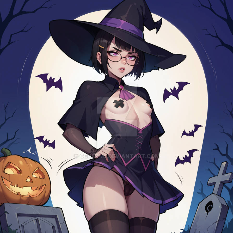 ai_generated cameltoe deviantart deviantart_link deviantart_username dxd gener-ai graveyard halloween halloween_costume high_school_dxd nipple_tape sona_sitri standing taped_nipples watermark witch witch_costume witch_hat