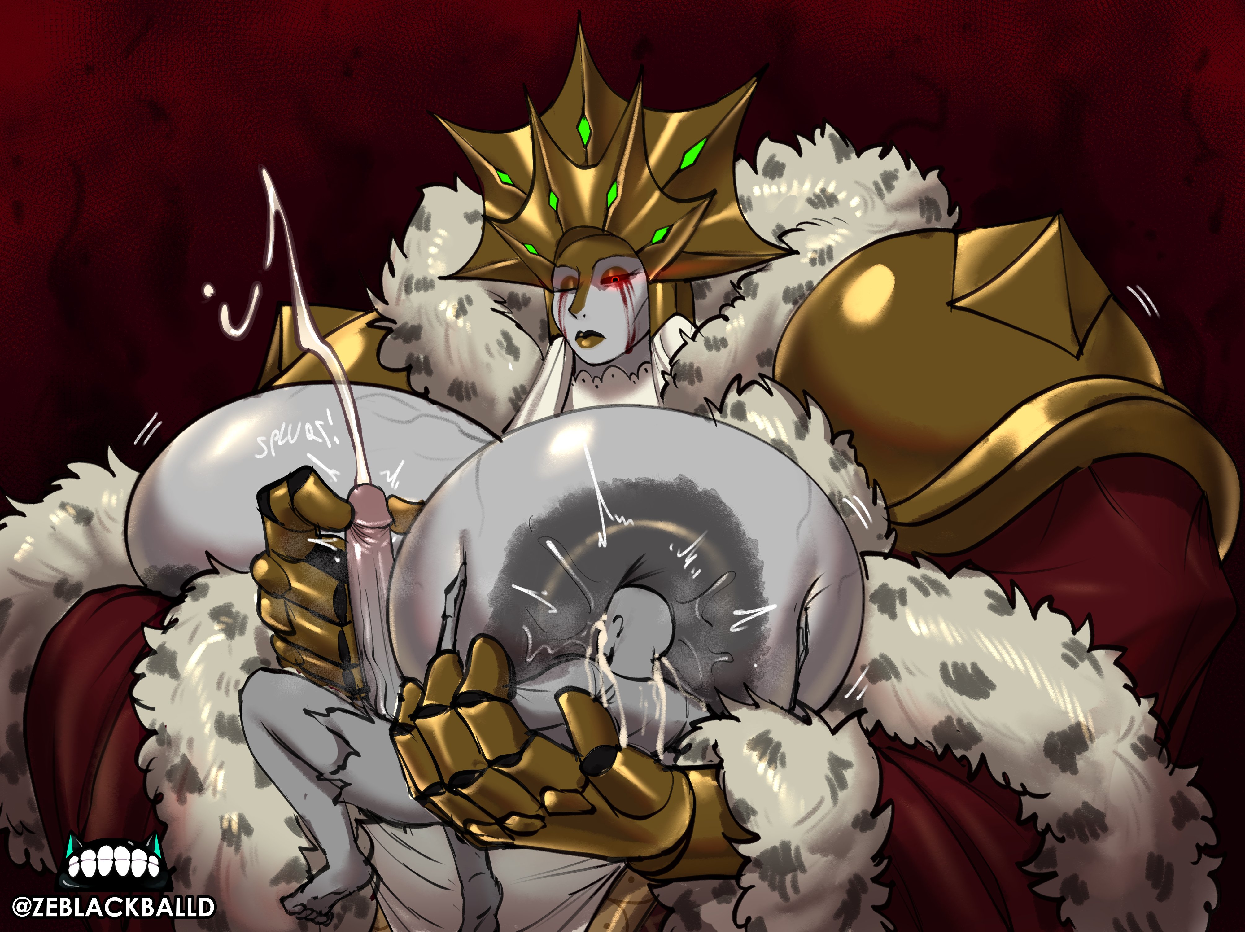 armor, armored gloves, blood, breasts, cum, cumming, drinking, duo, duo focus, female, ghost, ghost girl, gigantic breasts, grey nipples, grey skin, huge breasts, huge cock, huge nipples, male, milk, nursing handjob, original, original character, penis, queen, royal, royalty, size difference, size play, smaller male, tagme, the wrathful queen (zeblackballd), ze blackball.d, zeblackballd (artist)