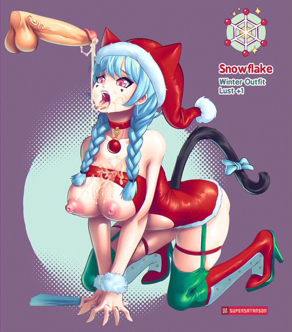 areolae, big breasts, bimbo, breasts, cum, cum in mouth, cum inside, cum on breasts, cum on face, cum on tongue, disembodied penis, erection, facial, female, garter belt, high heels, large breasts, male, nipples, penis, santa hat, snowflake, solo focus, supersatanson, thighhighs
