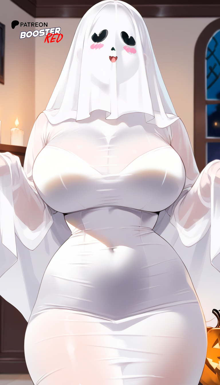 1girls ai_generated boosterred99 costume ghost ghost_costume ghost_girl halloween halloween_costume large_breasts long_sleeves pony_diffusion_xl sexy_pose solo thighs voluptuous white_dress