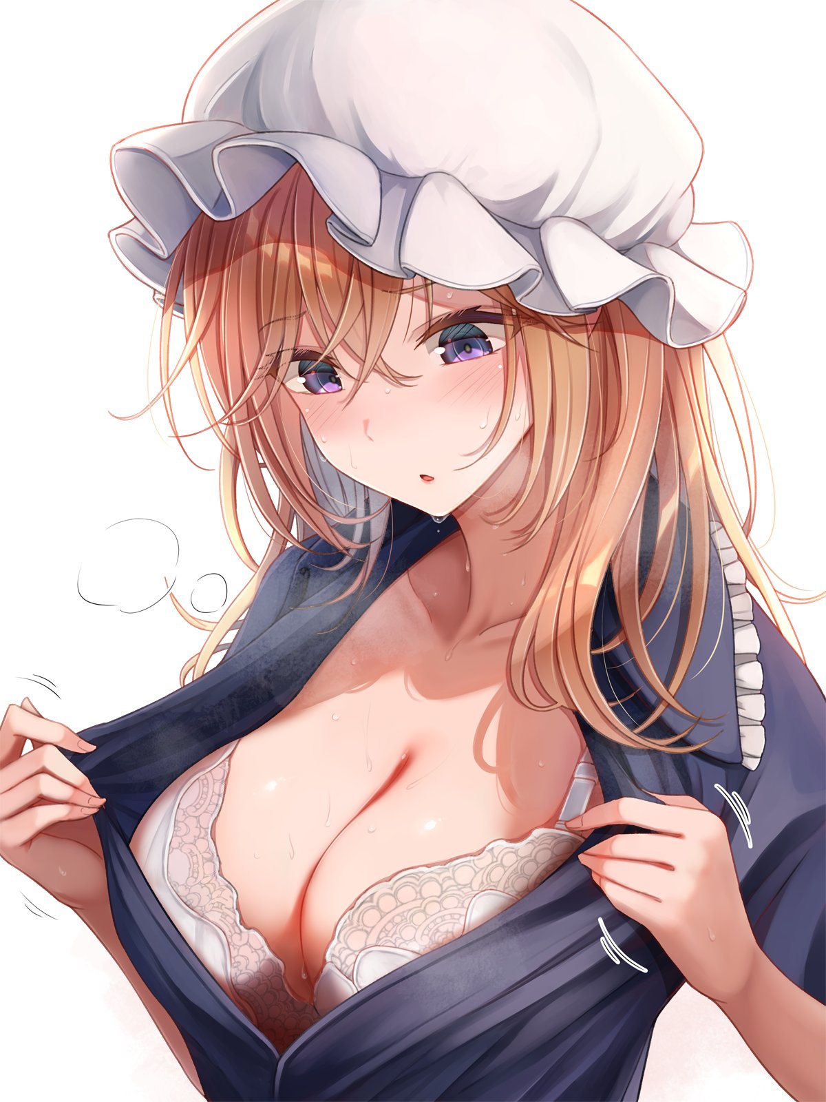 big_breasts blonde_hair bra female fumei_(mugendai) hat headwear maribel_hearn purple_eyes sweat taking_clothes_off touhou white_bra