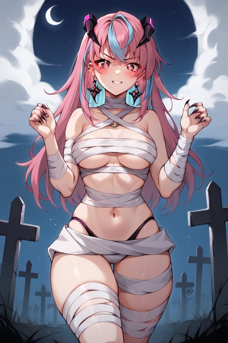 1girls ai_generated blush breasts emikukis halloween halloween_costume latam_virtual_youtuber long_hair looking_at_viewer multicolored_hair mummy mummy_costume night outdoors pink_hair sky_blue_hair solo_female tagme thighs tupadrev4 virtual_youtuber vtuber