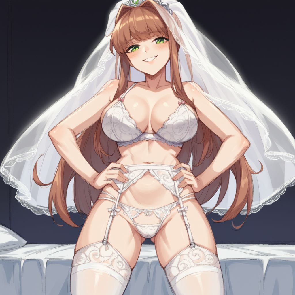 1girls ai_generated breasts brown_hair doki_doki_literature_club female female_focus female_only green_hair huge_breasts large_breasts looking_at_viewer monika_(doki_doki_literature_club) ponytail smiling smiling_at_viewer wedding_lingerie wedding_veil white_lingerie