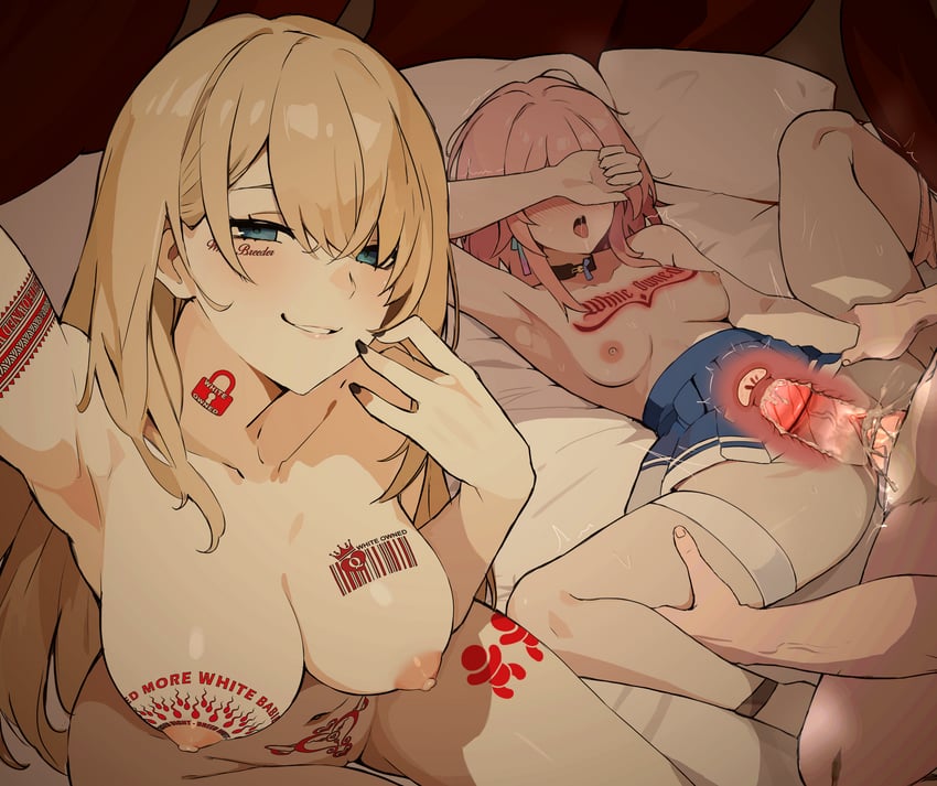 2girls1boy big_breasts blonde_hair blue_eyes honkai:_star_rail light-skinned_female light-skinned_male march_7th_(honkai:_star_rail) missionary_position pink_hair queen_of_hearts racist serval_landau small_breasts tattoo third-party_edit x-ray