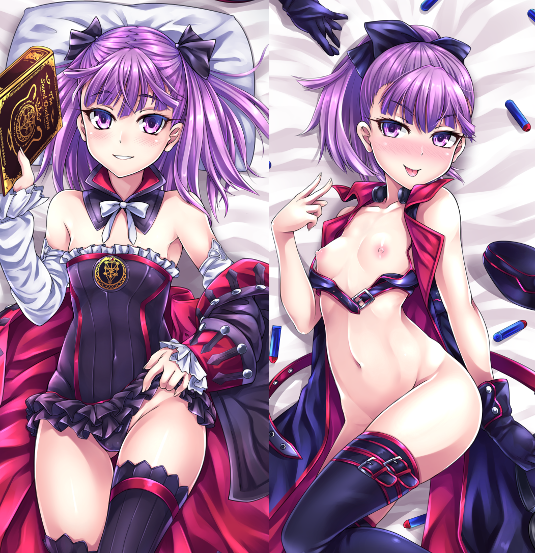 :p ass bare_shoulders bikini black_legwear blush book breasts dakimakura detached_sleeves fate/grand_order fate_(series) female hat helena_blavatsky_(fate) helena_blavatsky_(swimsuit_archer) looking_at_viewer miyabi_urumi navel open_mouth pillow ponytail purple_eyes purple_hair short_hair small_breasts smile strapless swimsuit thighhighs tongue tongue_out