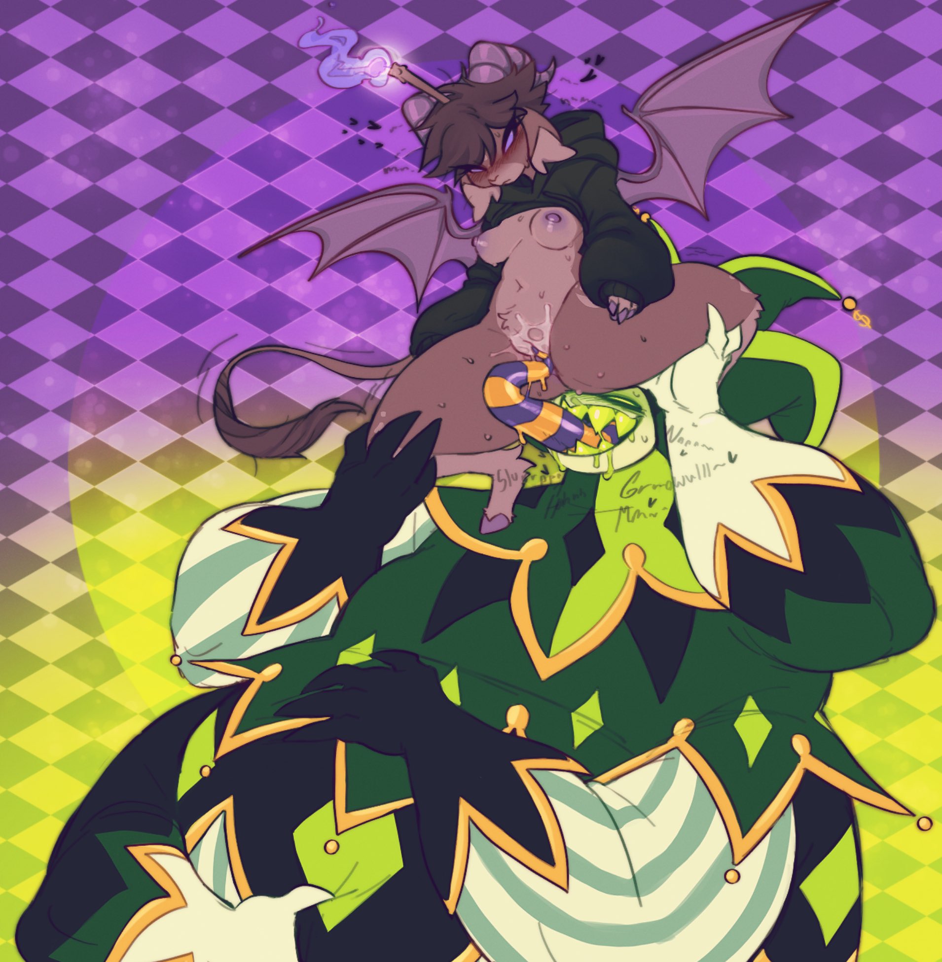 averrbaverr, blush, chubby male, demon, demon wings, fat male, female, helluva boss, licking, licking pussy, male, mammon (helluva boss), original character, pussy, tongue, vagina, wings
