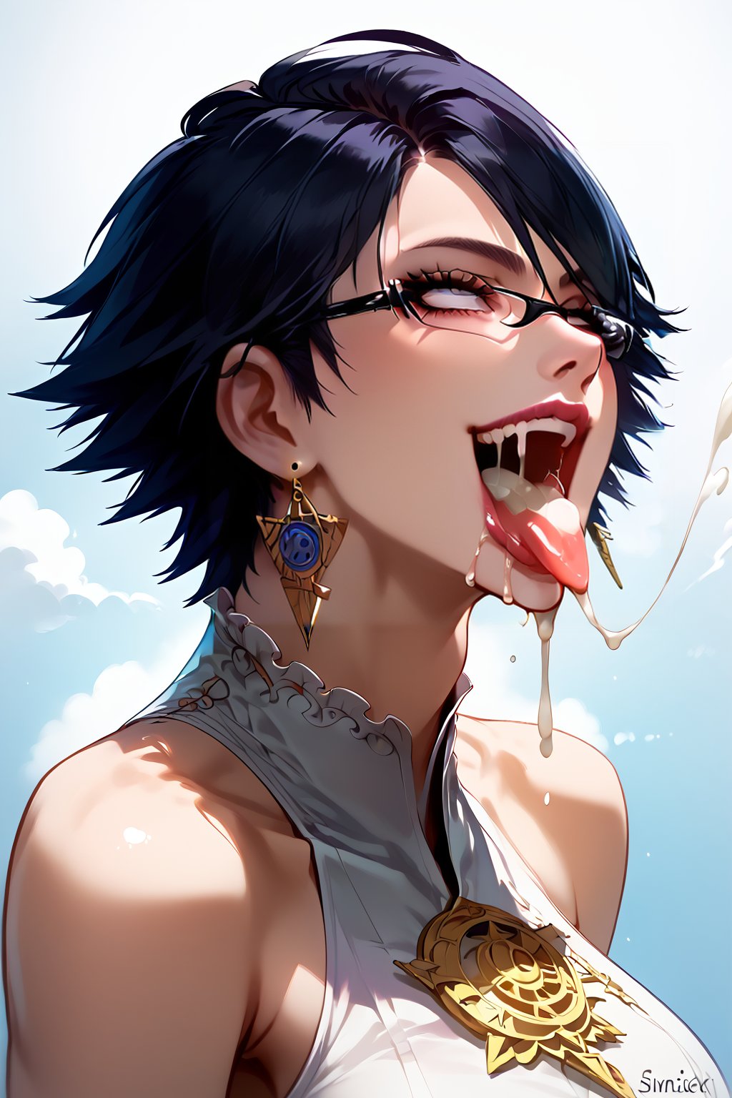 ahe_gao ahegao_face ai_generated bayonetta bayonetta_(character) bayonetta_2 cum dripping_cum earrings fluids glasses short_hair tongue