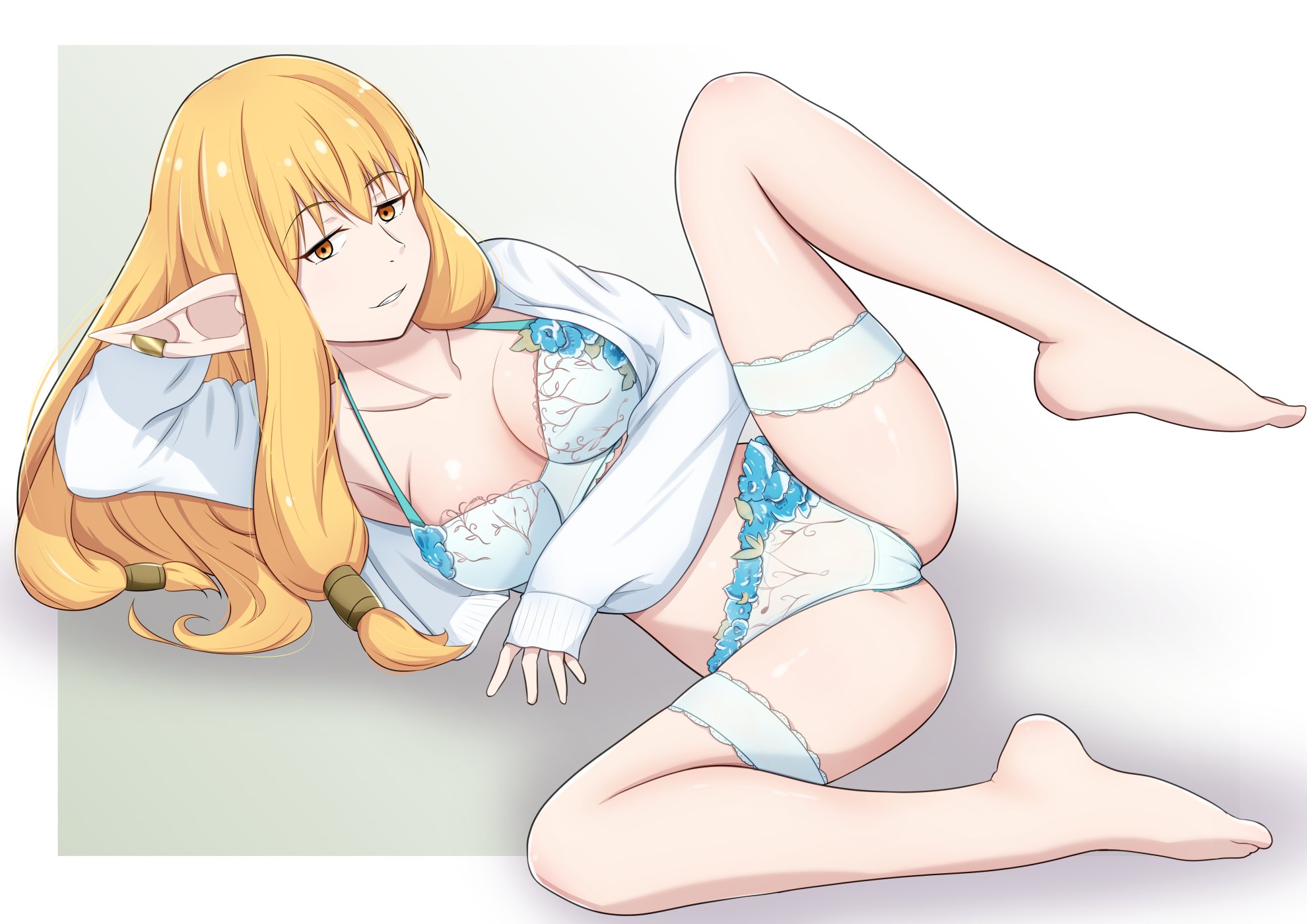 1girls, aged up, alternate body type, alternate breast size, blonde hair, breasts, cleavage, elf, elf ears, elf female, elf girl, female, female only, frieren beyond journey's end, kyabe2ndmk2, looking at viewer, lying, lying on back, lying on ground, medium breasts, panties, pointy ears, serie (sousou no frieren), solo, solo female, sousou no frieren, spread legs, thighs, underwear, white panties, white underwear, yellow eyes
