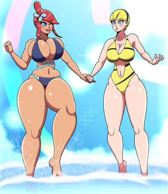 2girls alternate_breast_size arm_up arms bangs beach belly_button bikini bikini_bottom bikini_top blonde_female blonde_hair blonde_hair_female blue_eyes blush breast_awe breasts breasts_squeezed_together cleavage clothed clothed_female clothing clouds curvaceous curves curvy curvy_body curvy_female curvy_figure cutout elesa_(pokemon) elesa_(pokemon_bw) eyebrows eyebrows_visible_through_hair eyelashes feet female female_only fingers game_freak gym_leader hair hair_tie happy headband hips holding holding_hands huge_breasts human justdrawingjake legs lesbian_couple long_legs navel nintendo no_sex one_eye_closed open_mouth outdoors outside pale-skinned_female pale_skin pokemon pokemon_bw red_hair red_hair_female sea seaside short_hair sky skyla_(pokemon) smile sparkles splashing splashing_water standing straps sunlight swimsuit swimwear tan_skin tan_skinned_female teeth thick_thighs thighs tongue upper_teeth upper_teeth_only voluptuous voluptuous_female water yellow_hair yuri