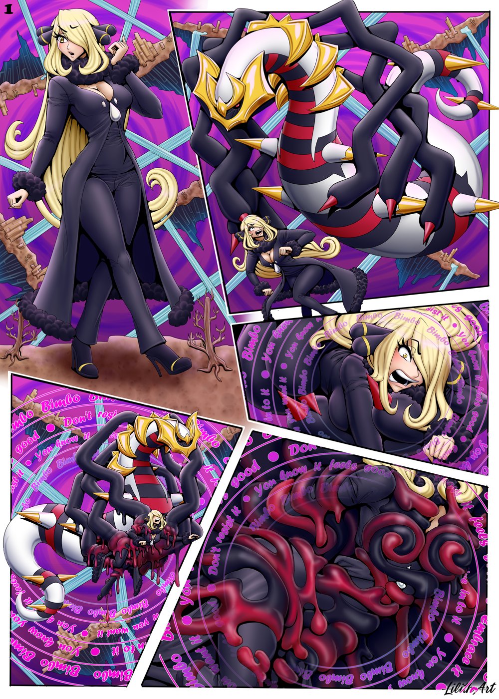 assimilation bimbofication capture clothed_female corruption cynthia_(pokemon) female giratina lilith_art pokemon pre-transformation transformation