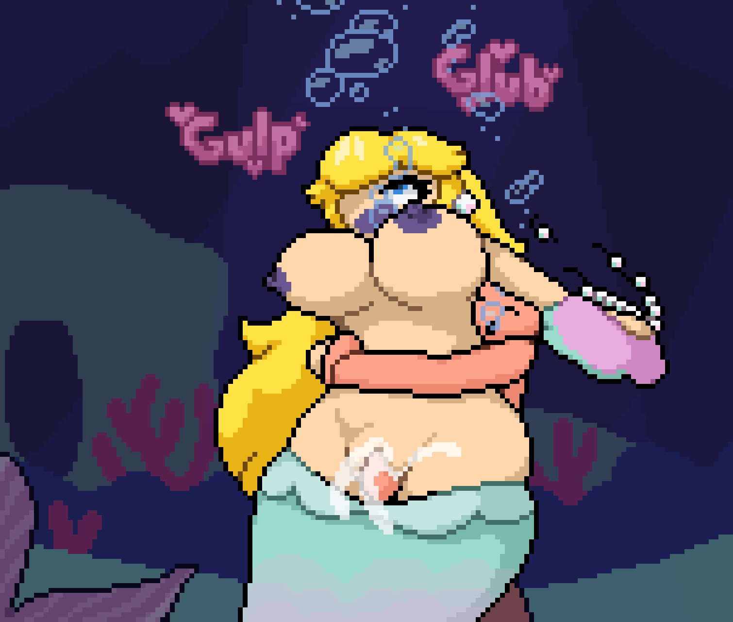 asphyxiation big_breasts big_thighs bubbles cum cum_in_pussy cum_inside drowning heart holding holding_stomach mermaid mermaid_peach mermaid_tail penis pixel_art princess_peach princess_peach:_showtime! pussy stripping super_mario_bros. tomato_(okami_tomato) underwater underwater_sex zxtomatofan