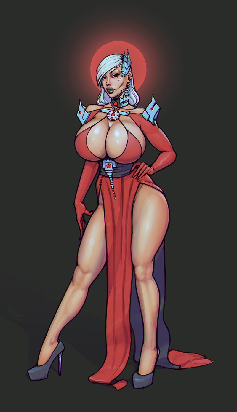 1girls, big breasts, black lipstick, boobsgames, breasts, dress, female, female only, futuristic, heels, high heels, solo, thick thighs, white hair