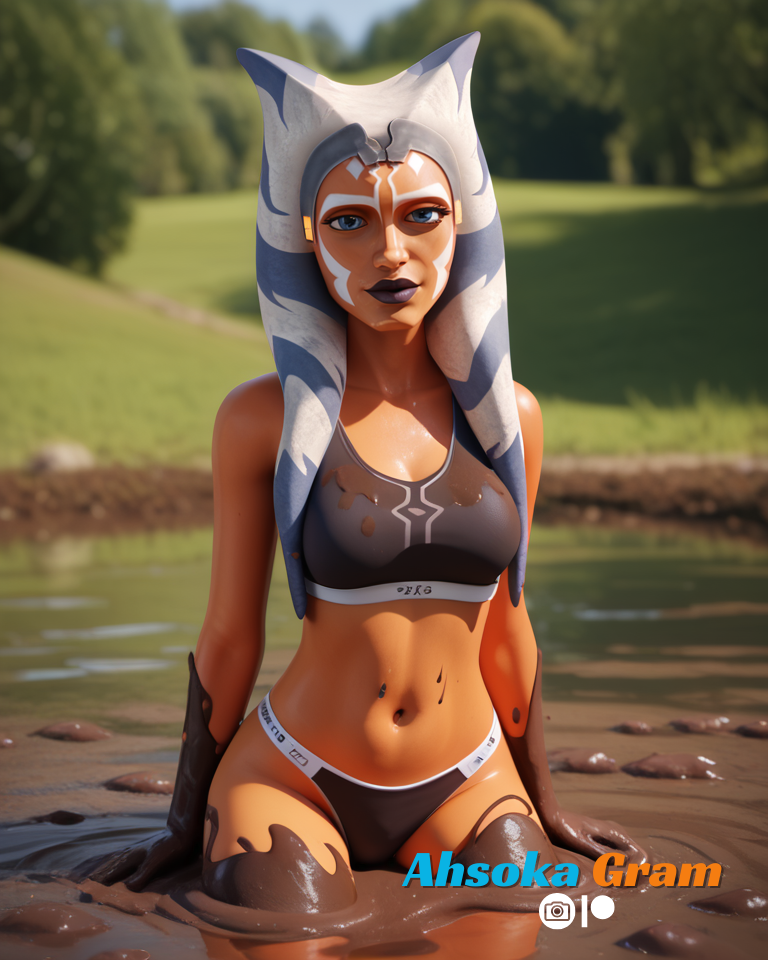 1girls ahsoka_gram ahsoka_tano ai_generated blue_eyes bra breasts dirty female lekku mud muddy navel orange_body orange_skin sports_bra star_wars star_wars:_ahsoka star_wars:_the_clone_wars thong togruta