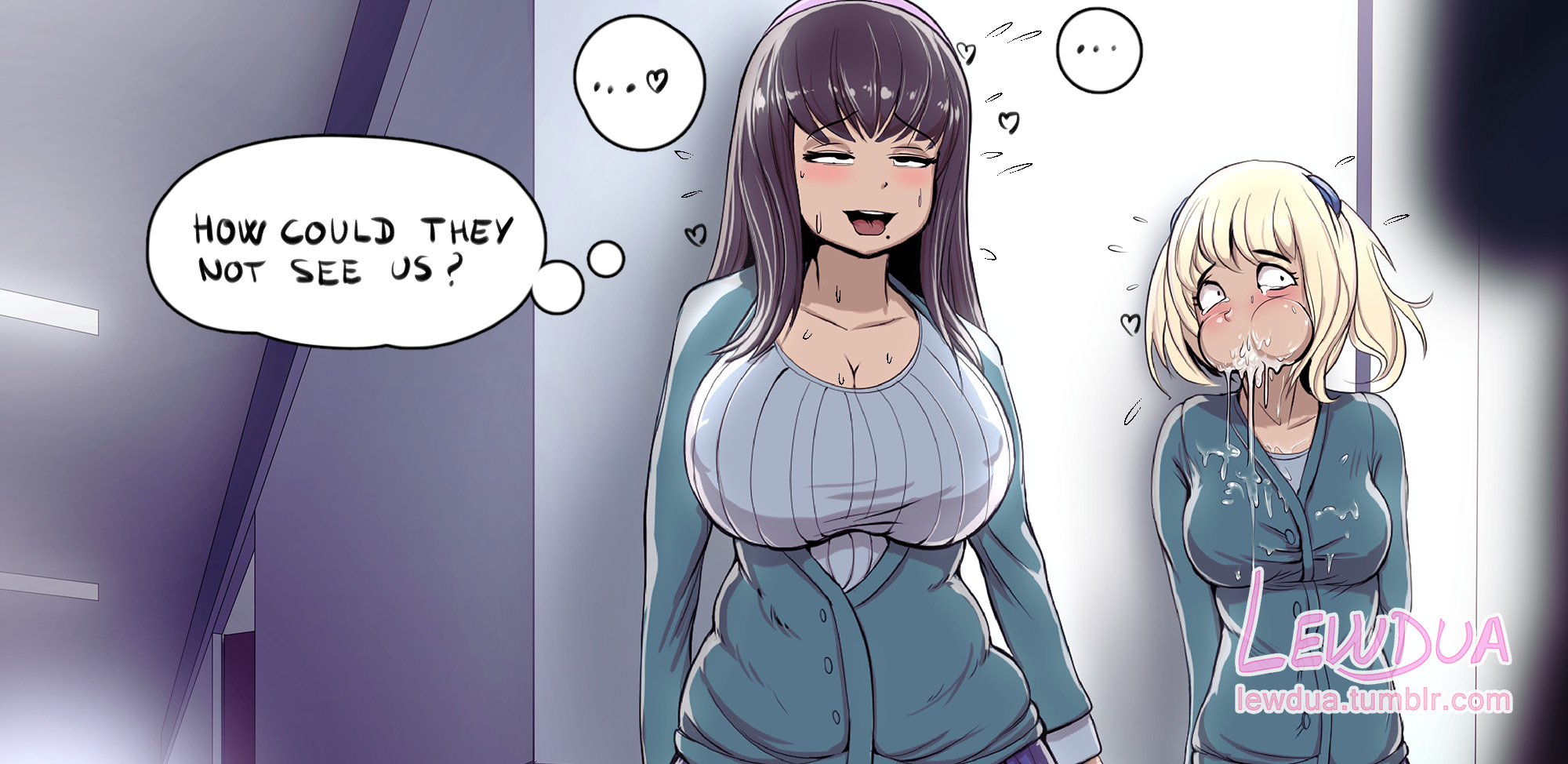 2futas, after sex, alison (lewdua), big breasts, blush, breasts, cleavage, clothing, comic, cum, cum in mouth, cum inside, cum leaking, cum on face, dickgirl, futa on futa, futanari, huge breasts, intersex, large breasts, lewdua, mole, mole under mouth, nessie (lewdua), open mouth, original, speech bubble, text