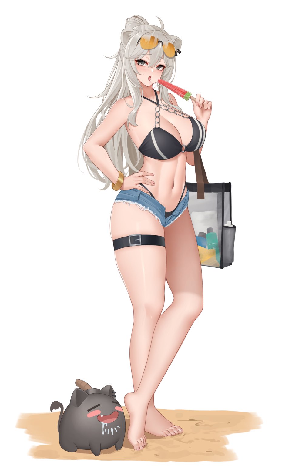 1girls animal_ears barefoot big_breasts bikini bra bracelet cleavage denim_shorts female female_only food fruit full_body grey_eyes holding_object hololive legs light-skinned_female light_skin long_hair looking_at_viewer micro_shorts not_porn open_mouth panties ponytail sfw shishiro_botan shorts simple_background standing sunglasses sunglasses_on_head thick_thighs thighs virtual_youtuber wei_xiao white_background white_hair