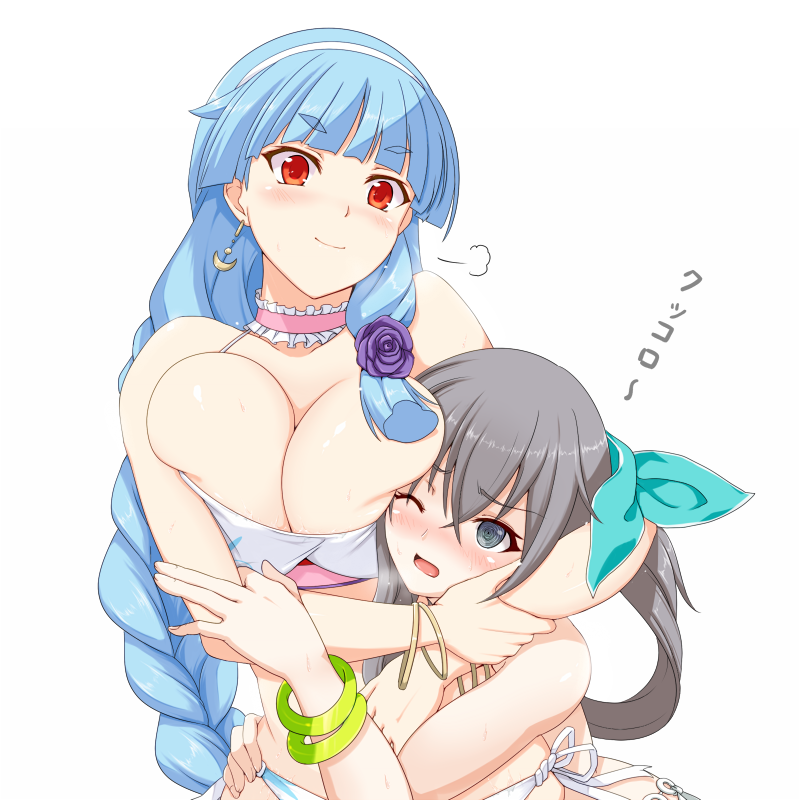 2girls @_@ bare_shoulders beagle bikini blue_eyes blue_hair blunt_bangs blush breast_press breasts catfight choker closed_mouth earrings enjin_koushi flower frilled_choker frills grey_hair hair_flower hair_ornament hair_ribbon hairband headlock jewelry large_breasts long_hair multiple_girls nose_blush one_eye_closed open_mouth pink_choker purple_flower purple_rose red_eyes ribbon ring_dream rose side-tie_bikini_bottom simple_background sweat swimsuit tsuruhisashi white_background white_bikini white_hairband wince wrestling yuki_onna_(ring_dream)