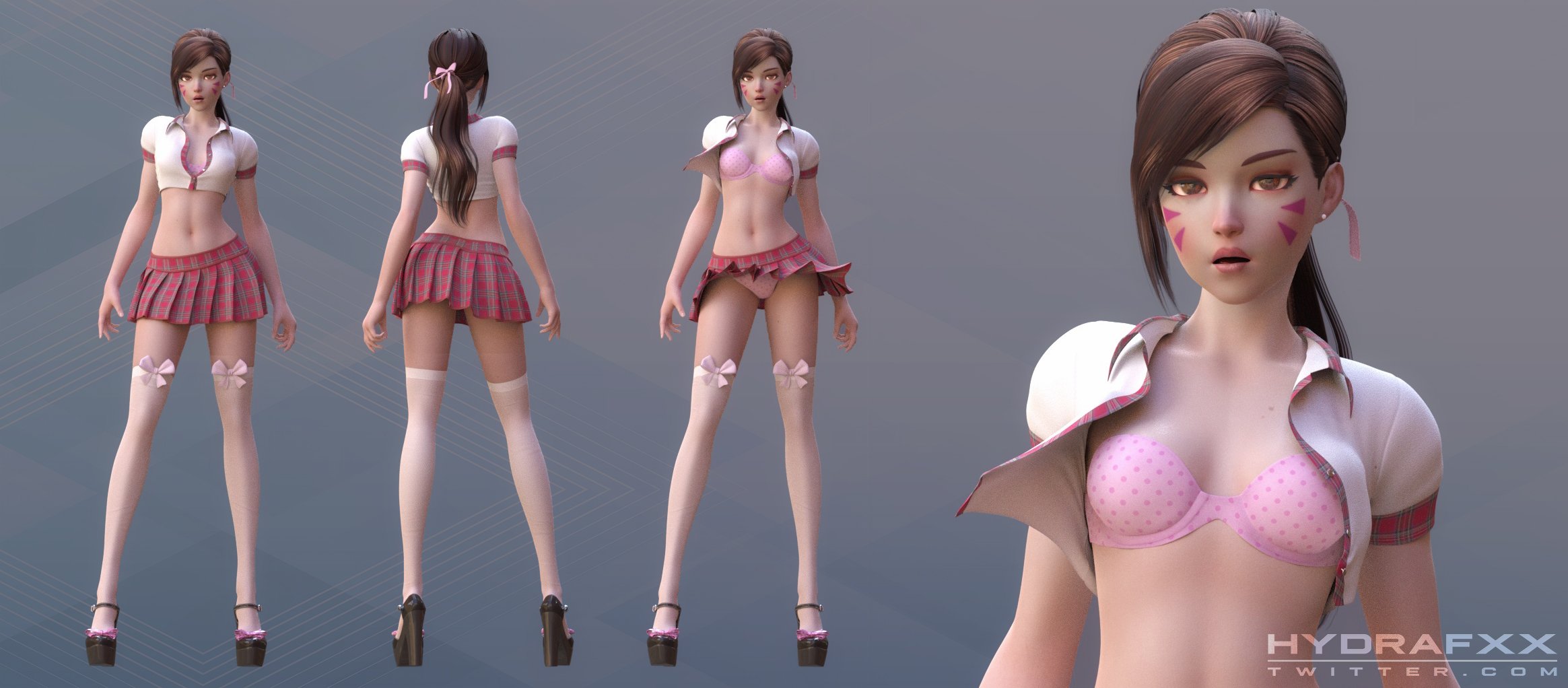 1girls, 3d, alternate costume, alternate hairstyle, asian, ass, bare midriff, blizzard entertainment, bow socks, bra, breasts, brown eyes, brown hair, burgundy hair, cleavage, cute, d.va, egirl, eyelashes, eyeliner, eyeshadow, facepaint, facial mark, facial markings, female, female only, fringe, grey background, hana song, heels, hydrafxx, korean, light skin, light-skinned female, long hair, looking at viewer, model sheet, naughty face, overwatch, overwatch 2, overwatch league, pale skin, pale-skinned female, panties, petite, pink eyeshadow, pink lipstick, ponytail, sailor uniform, school uniform, schoolgirl, schoolgirl d.va, seductive look, serafuku, skinny, skirt, slim, socks, socks and heels, solo, teenager, thigh socks, thighhighs, tied hair, upskirt, video games, whisker markings, white socks