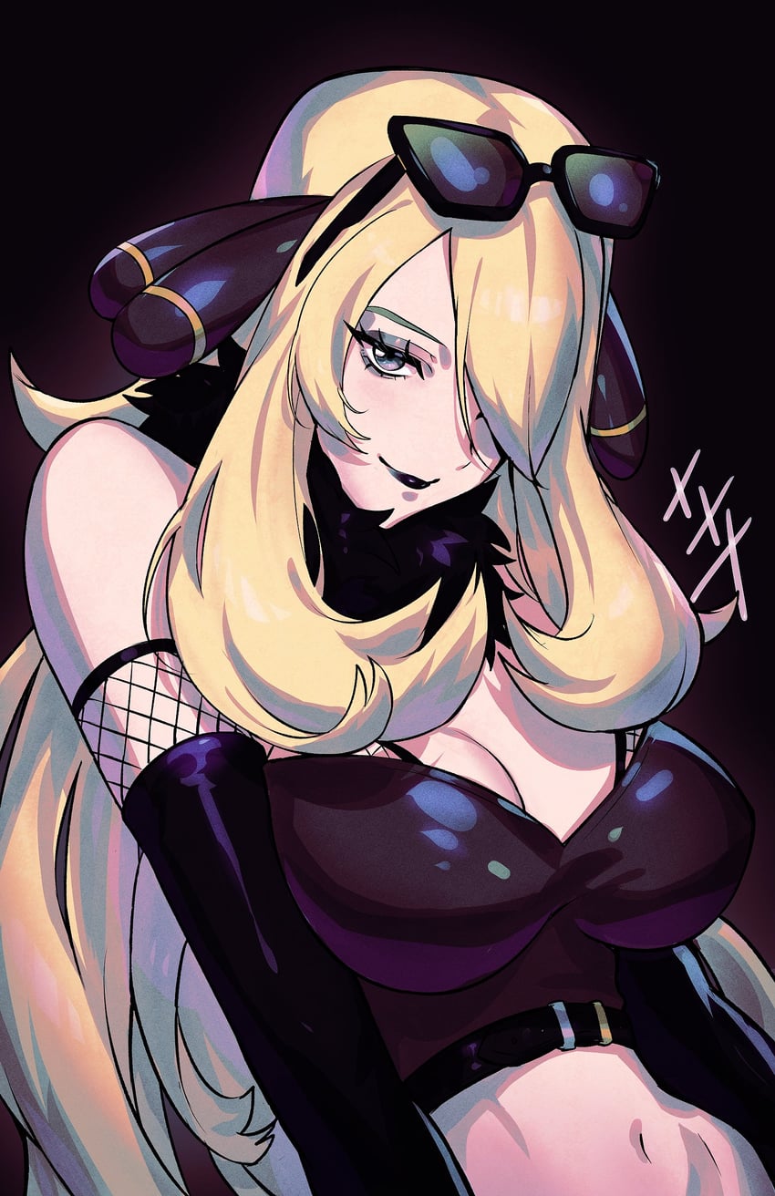 big_breasts black_lipstick blonde_hair cleavage cynthia_(pokemon) fishnets gloves goth large_breasts lipstick milf pokemon ryairyai smile tagme