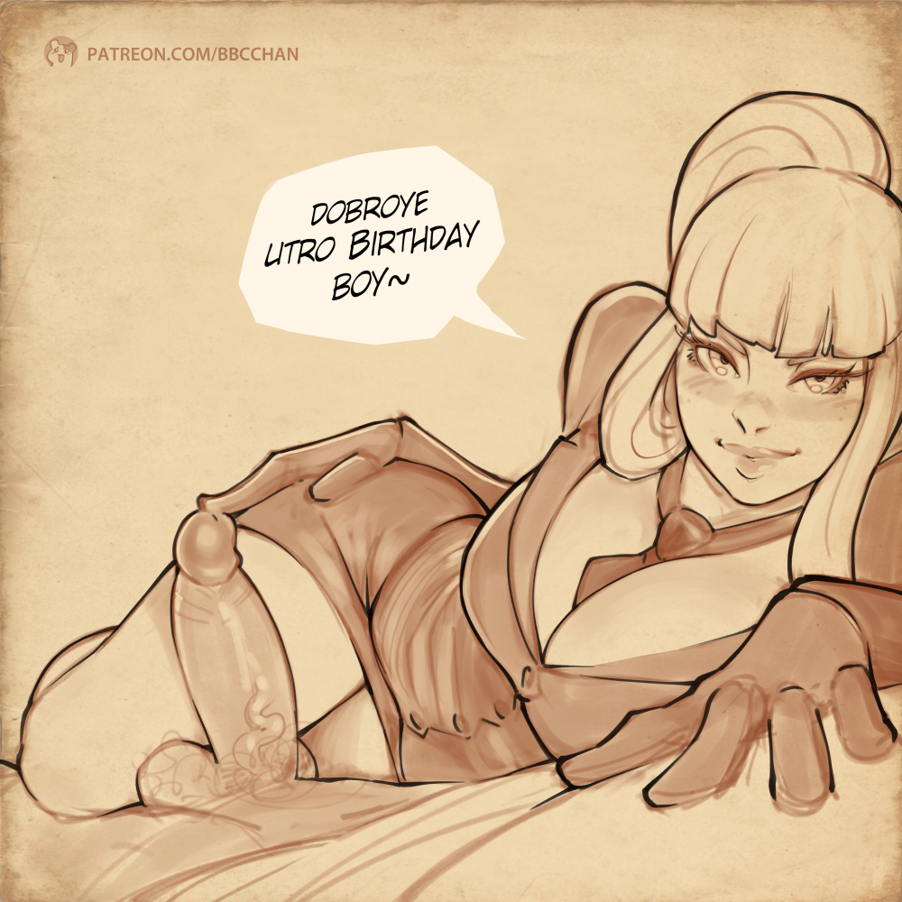 1girls, balls, bbc-chan, bimbo, breasts, busty, cleavage, english translation, erection, female, kolin (street fighter), looking at viewer, male, monochrome, necktie, necktie between breasts, notes translation, office lady, penis, ponytail, pov, russian text, speech bubble, straight, street fighter, testicles, text, translated, voluptuous