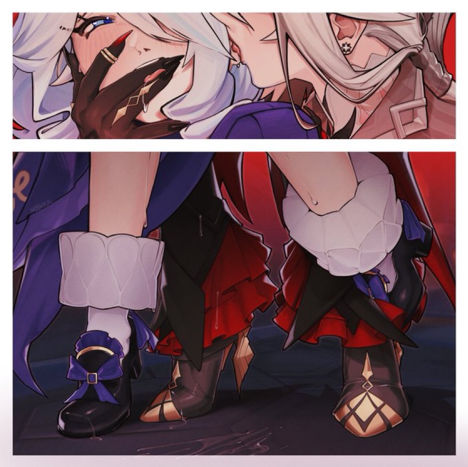 2girls, arlecchino (genshin impact), covering mouth, dangling legs, furina (genshin impact), genshin impact, heels, legs in air, lesbians, offscreen sex, yuri