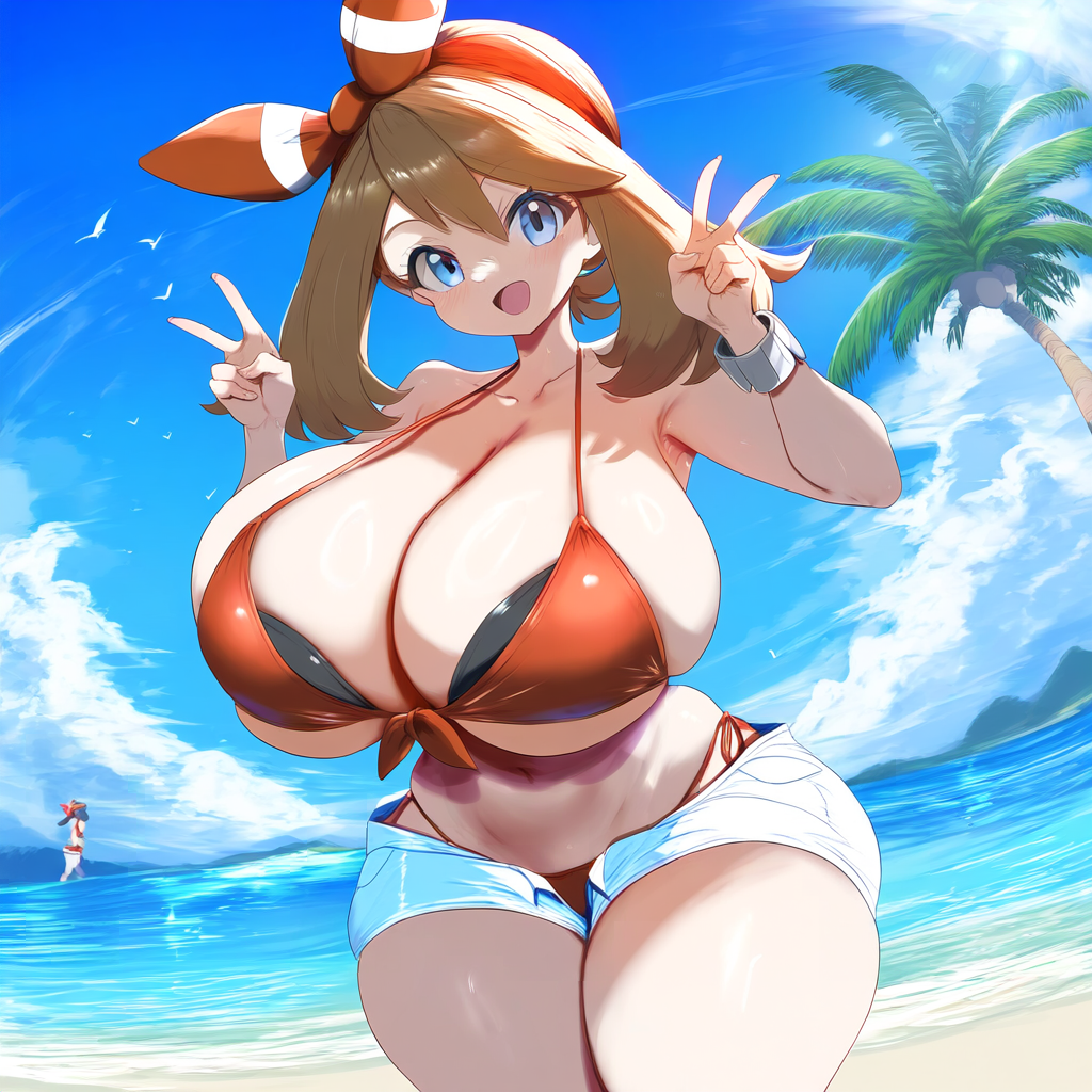 ai_generated ameanon beach big_breasts bikini bikini_under_clothes blue_eyes breasts brown_hair cleavage double_peace_sign huge_breasts large_breasts may_(pokemon) may_(pokemon_oras) nintendo pokemon pokemon_oras red_bikini shorts sideboob thick_thighs underboob