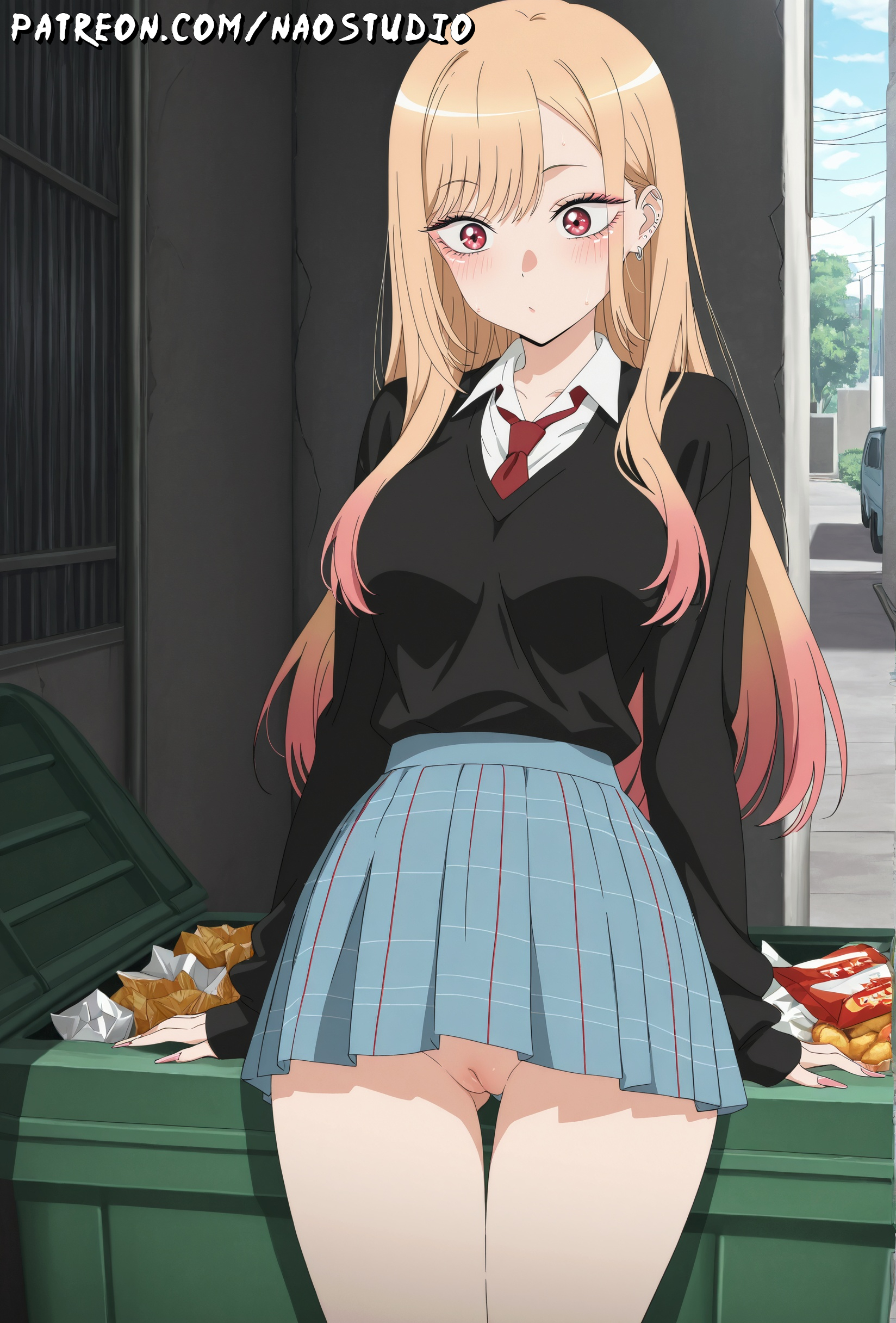 2d, ai generated, alley, anime style, ass, ass focus, big ass, big breasts, blonde hair, blush, breasts, completely nude, detailed pussy, detailed vagina, drool, earrings, explicit, eyes half closed, eyes rolled back, fat ass, female, flushed face, gyaru, hentai, huge ass, huge breasts, jewelry, kitagawa marin, kogal, large breasts, light skin, long hair, moaning, my dress up darling, naked, naked female, naostudio, navel, navel piercing, nipples, no panties, nsfw, nude, open mouth, pale skin, perfect ass, pink eyes, pink nipples, pleasure expression, pussy, skirt, smile, solo, sono bisque doll wa koi wo suru, sweatdrop, sweating, sweaty, sweaty body, tongue out, vagina