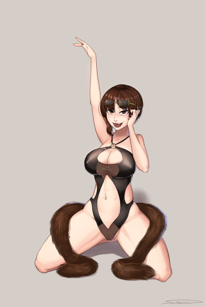 big_breasts boa brown_eyes brown_hair cameltoe coco_adel eyewear_on_head female fur_trim leotard pinup plain_background rwby shonomi sunglasses sunglasses_on_head swimsuit