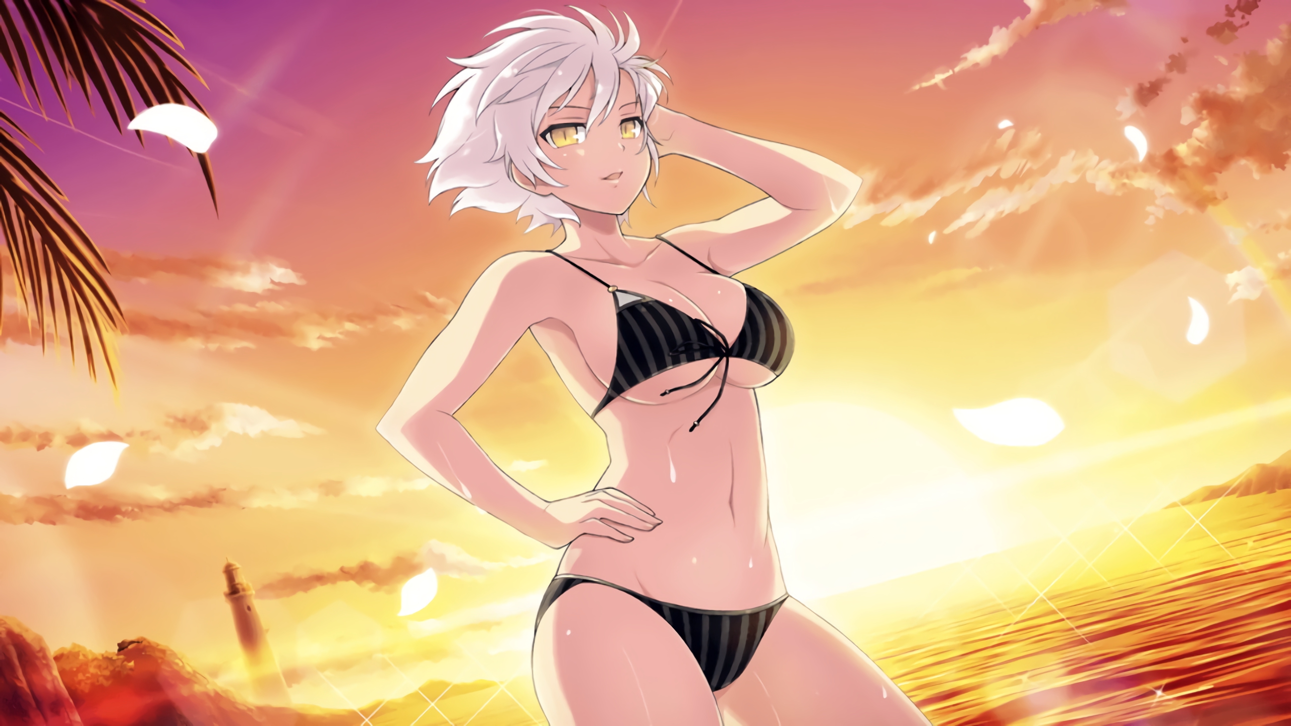 arm up, armpits, bikini, black bikini, game, miyabi (senran kagura), senran kagura, senran kagura (series), senran kagura new link, white hair, yaegashi nan