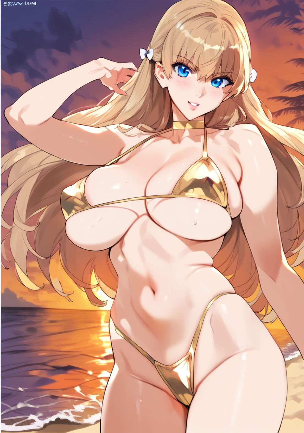 1girls 2d ai_generated beach big_breasts bikini blonde_hair blue_eyes gold_bikini highleg_bikini long_hair mariana_princilla micro_bikini outdoors reco_love reco_love_gold_beach solo solo_female solo_focus tagme