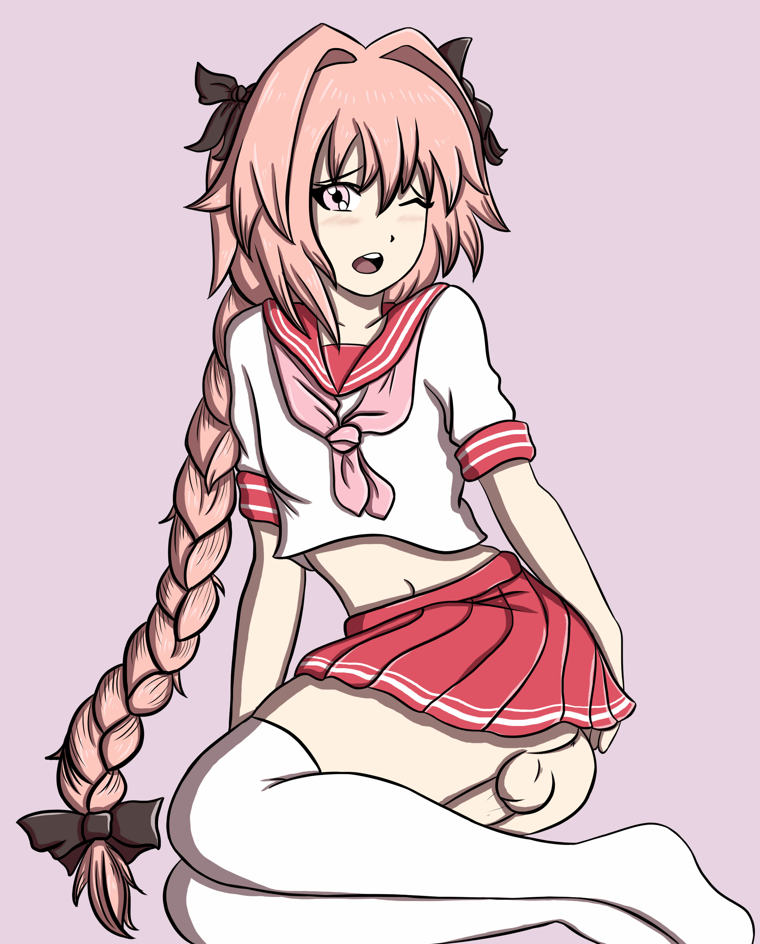 1boy, ass, ass crack, astolfo (fate), balls, ballsack, bangs, blush, braided hair, butt crack, crossdressing, cute, erection, fate (series), fate/apocrypha, fate/grand order, fate/stay night, femboy, girly, human, kneeling, long hair, long-haired male, male, male only, nyaruhodo, penis, pink eyes, pink hair, sailor uniform, scrotum, serafuku, shy, simple background, single braid, skirt, smooth penis, socks, solo, testicles, thighhighs, toony, trap, upskirt
