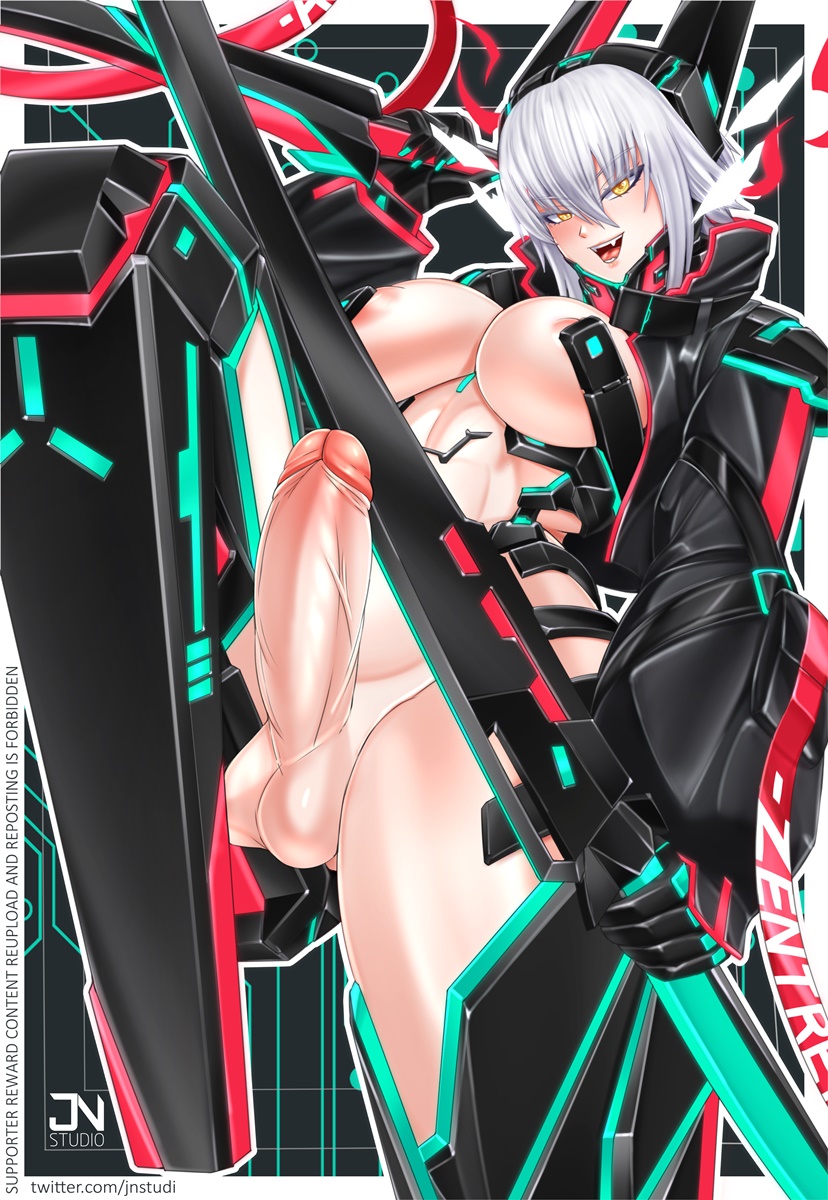 1futa, areolae, balls, big breasts, big penis, breasts, cybernetics, erection, female, futa only, futanari, humanoid, humanoid penis, intersex, jnstudio, light skin, light-skinned futa, long hair, nipples, nude, penis, solo, standing, sword, thick thighs, virtual youtuber, vshojo, white hair, wide hips, zentreya, zentreya (cyborg)
