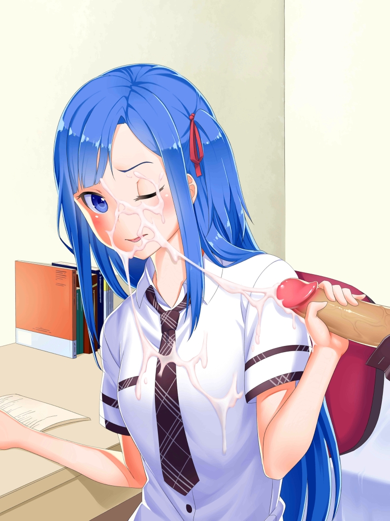 blue eyes, blue hair, booty calls, breasts, cum, cum on breasts, cum on clothes, cum on face, cumshot, female, handjob, lara (booty calls), male, male focus, penis, school uniform, schoolgirl