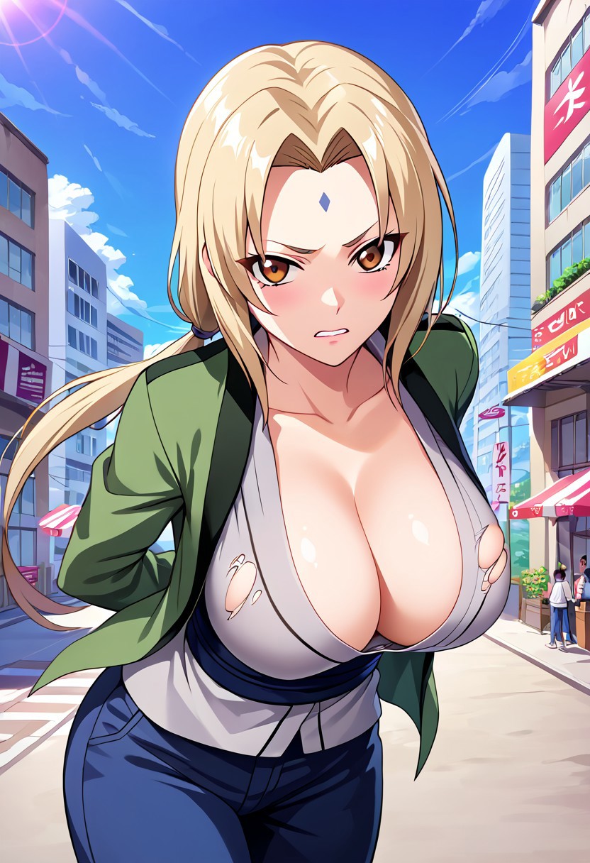 ai_generated arms_behind_back big_breasts blonde_hair brown_eyes civitai damaged_clothes forehead_mark large_breasts long_hair looking_at_viewer mommy naruto naruto_(series) naruto_shippuden ripped_clothing tsunade