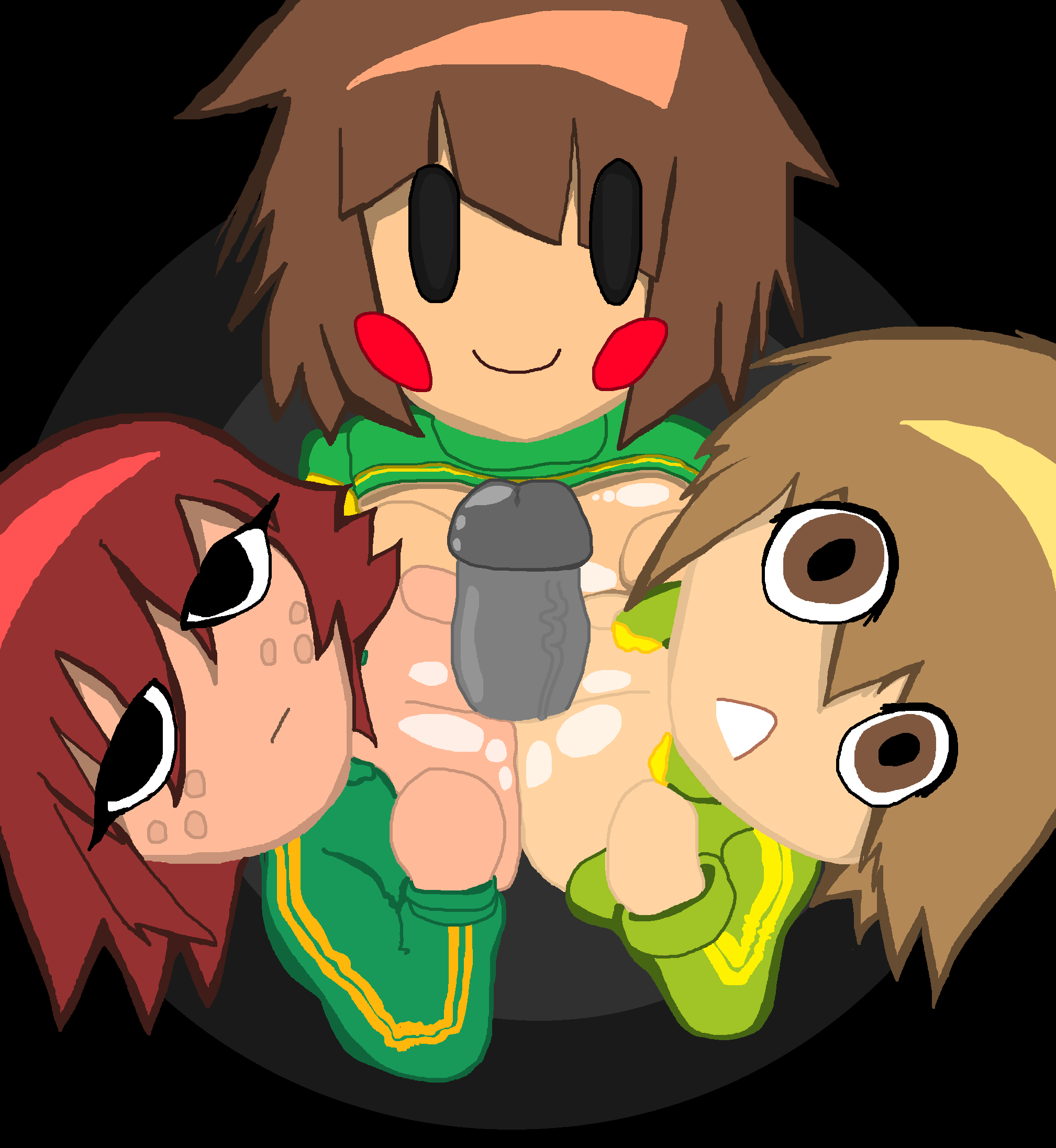 =), 1boy, 1boy3girls, 3girls, bigballerz, breasts, brown hair, chara, chara (undertale), crossover, female, female chara, grey skin, kim pine, looking at viewer, male, megami tensei, mob face, ms paint, paizuri, persona, persona 4, satonaka chie, scott pilgrim, scott pilgrim takes off, short hair, straight, undertale, undertale (series)