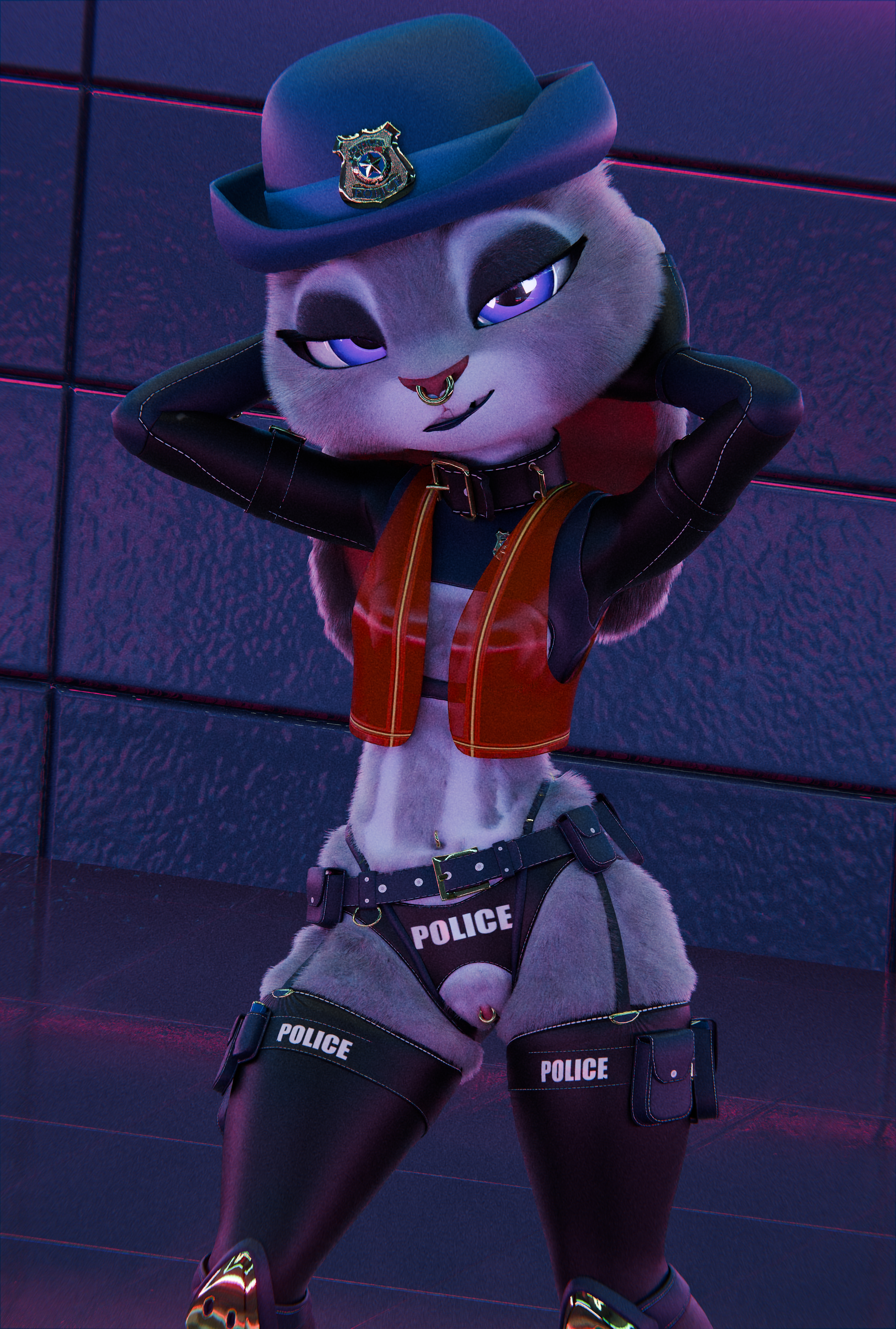 3d, 3d (artwork), blender, bunny, clitoris piercing, female, furry, judy hopps, looking at viewer, nishikt, police, police uniform, small breasts, zootopia