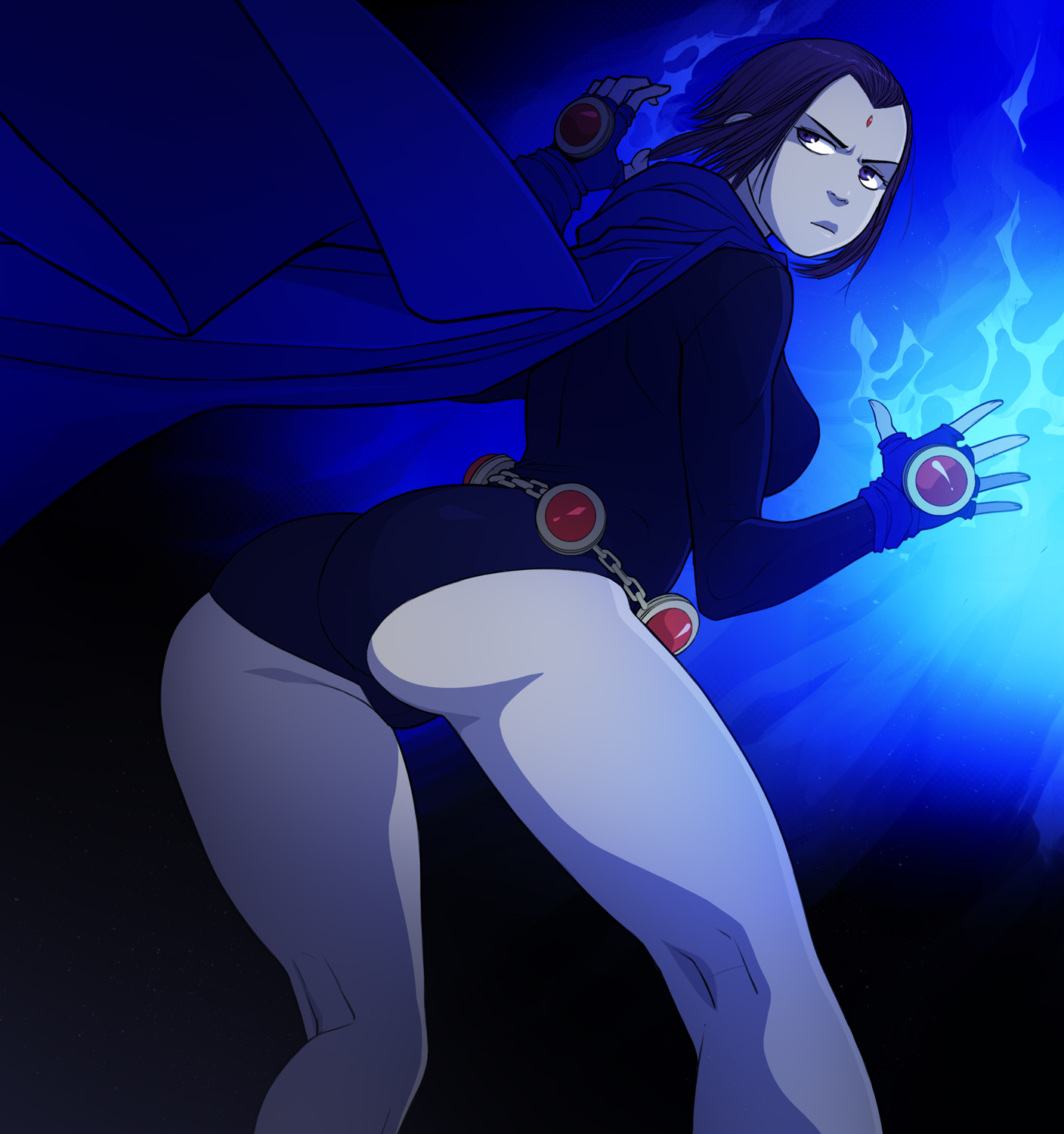 1girls, 2017, ass, dc, dc comics, female, female only, leotard, msperoni, purple hair, rachel roth, raven (dc), short hair, smooth skin, solo, superheroine, tagme, teen titans, triplexmile
