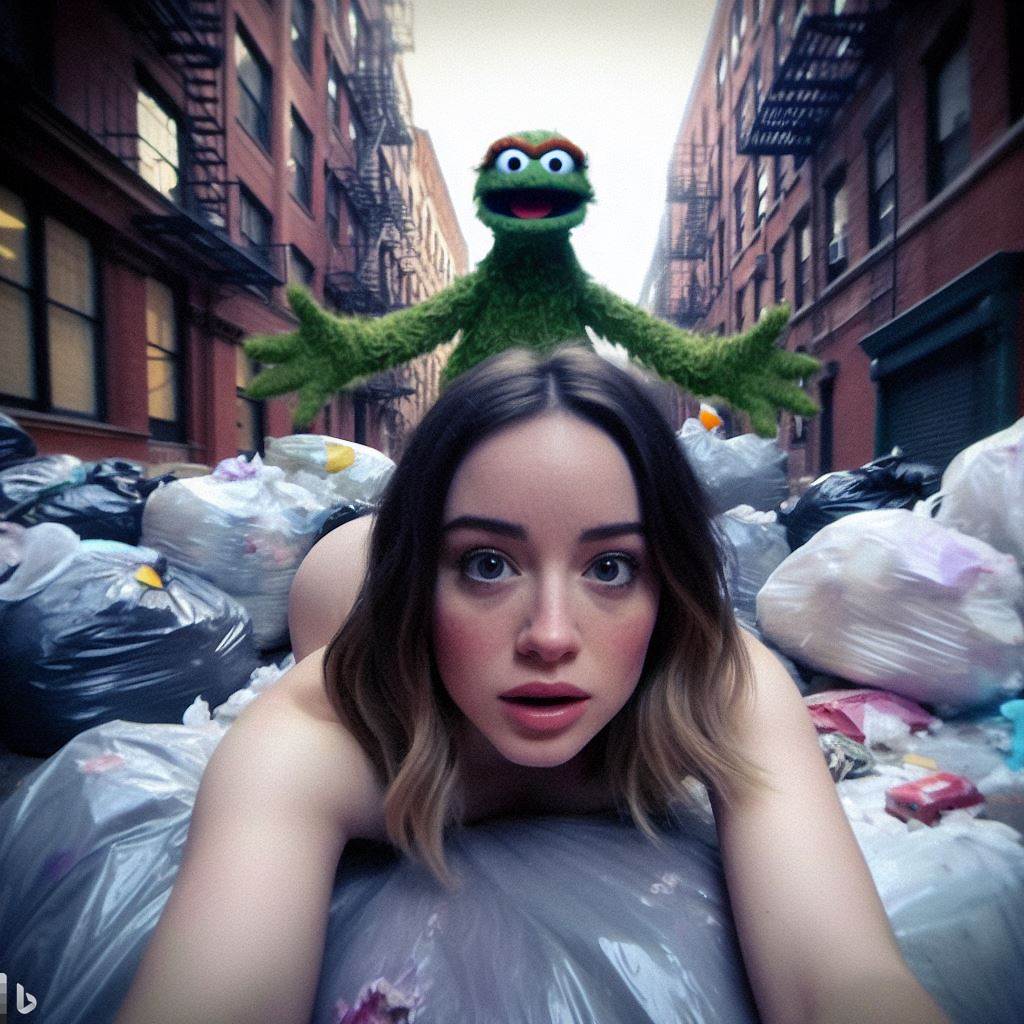 1girls ai_generated alley brown_hair celebrity dakota_johnson dall-e3 doggy_style female garbage garbage_bags green_fur human implied_sex light-skinned_female light_skin lips looking_at_viewer lying muppets on_stomach open_mouth oscar_the_grouch outside real_person sesame_street tagme the_muppet_show trash trash_bag