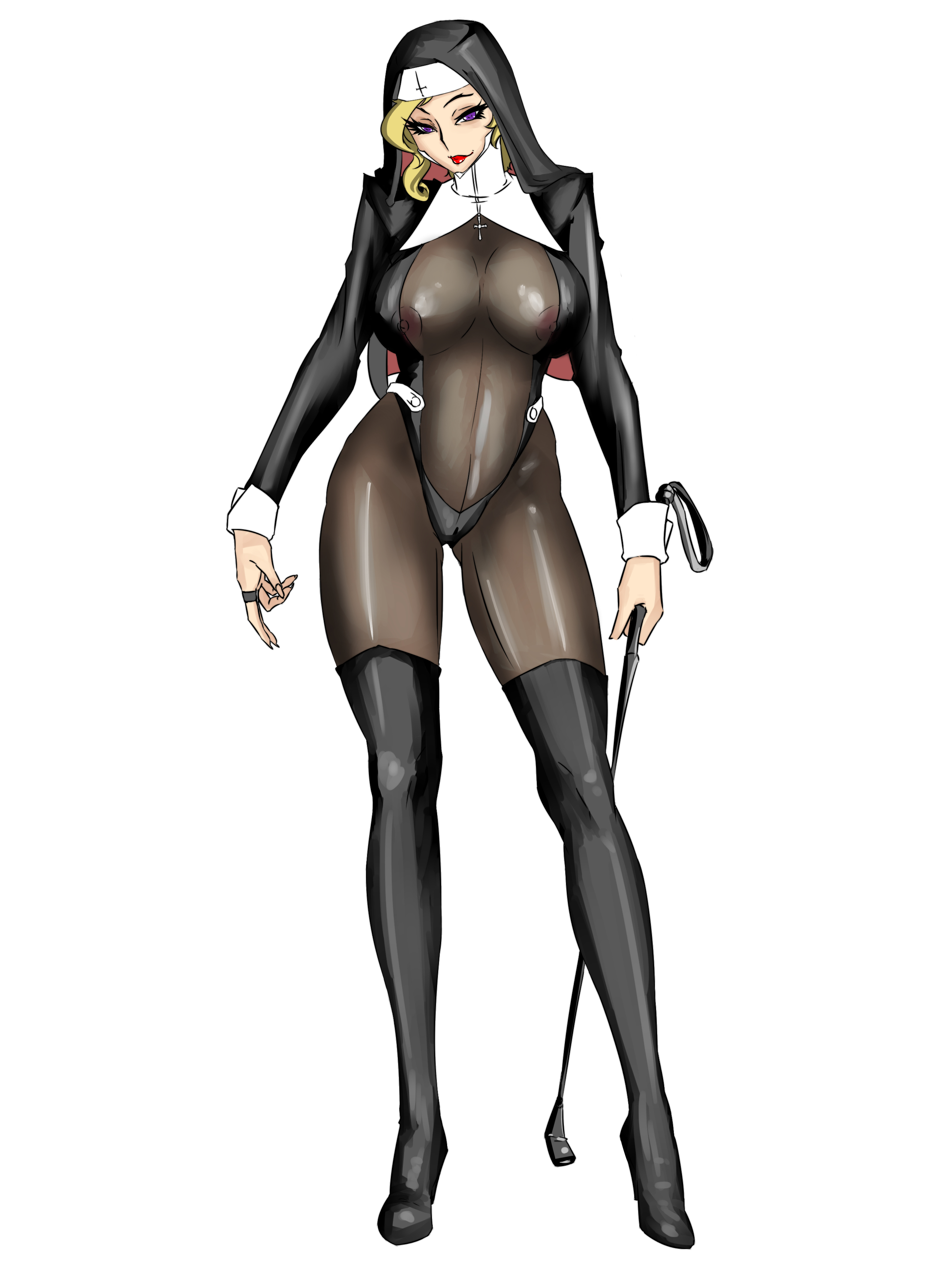 areola slip, artist request, blonde hair, bodystocking, bodysuit, boots, breasts, cleavage, contrapposto, dominatrix, female, femdom, habit, high heel boots, high heels, lipstick, makeup, nipples, nun, purple eyes, revealing clothes, riding crop, solo, standing, thigh boots, whip