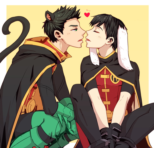 2boys about_to_kiss animal_ears batman_(series) bunny_boy bunny_ears cat_ears cat_tail catboy chain247 damian_wayne dc dc_comics kissing male male/male red_robin robin_(damian_wayne) robin_(dc) tim_drake yaoi