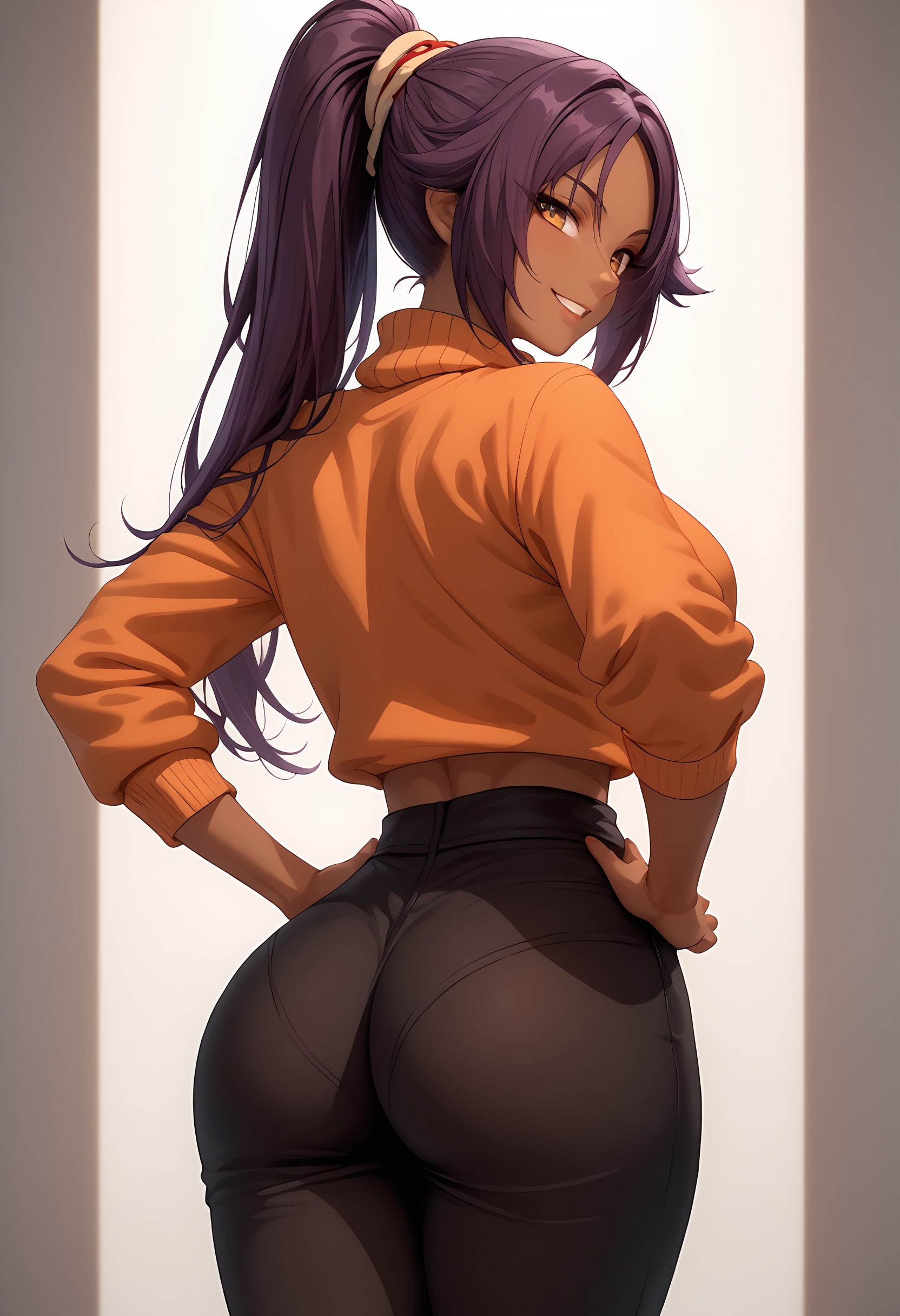 1girls, ai generated, ass, ass focus, bleach, dark skin, dark-skinned female, female, pants, ponytail, purple hair, shihouin yoruichi, sweater