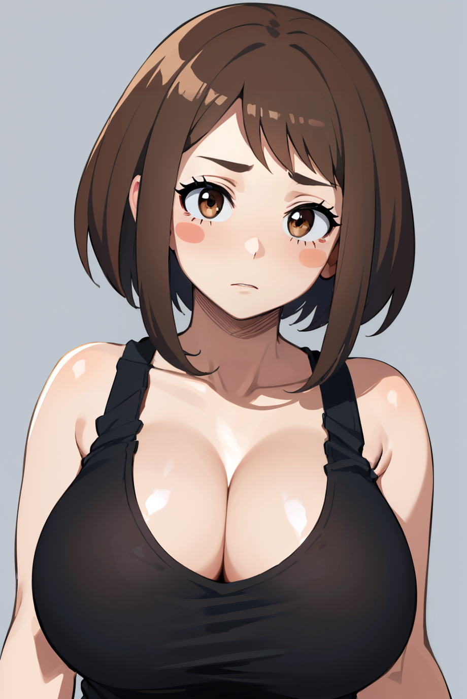 1girls ai_generated bare_shoulders big_breasts black_shirt black_tank_top blush breasts brown_eyes brown_hair collarbone gilaruvia grey_background hi_res huge_breasts large_breasts my_hero_academia ochako_uraraka short_hair sidelocks sleeveless sleeveless_shirt tank_top upper_body upper_body_focus