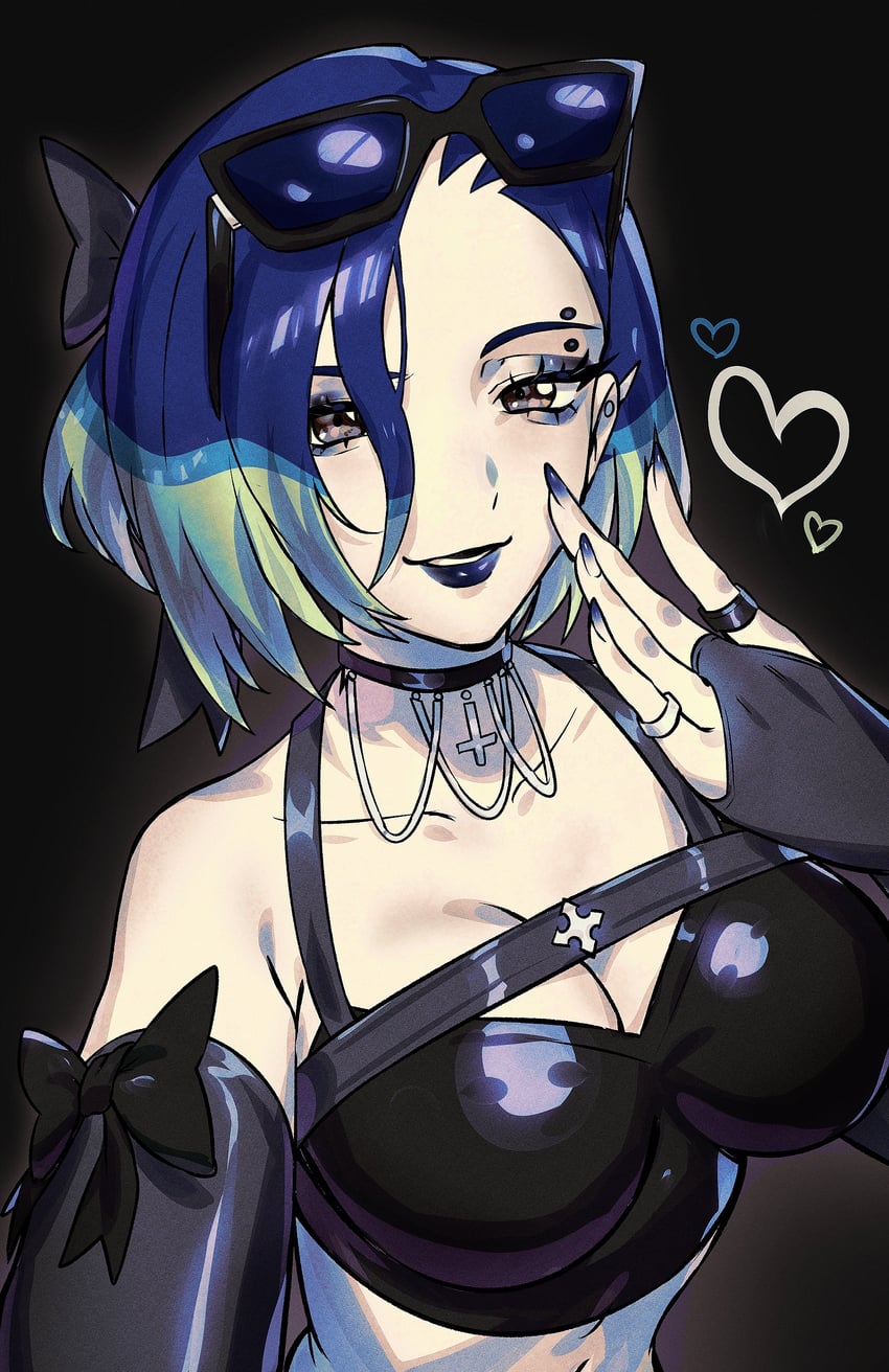 big_breasts blue_hair bow_ribbon choker eyeshadow gloves goth gothic large_breasts perrin_(pokemon) piercing pokemon ribbon ryairyai tagme