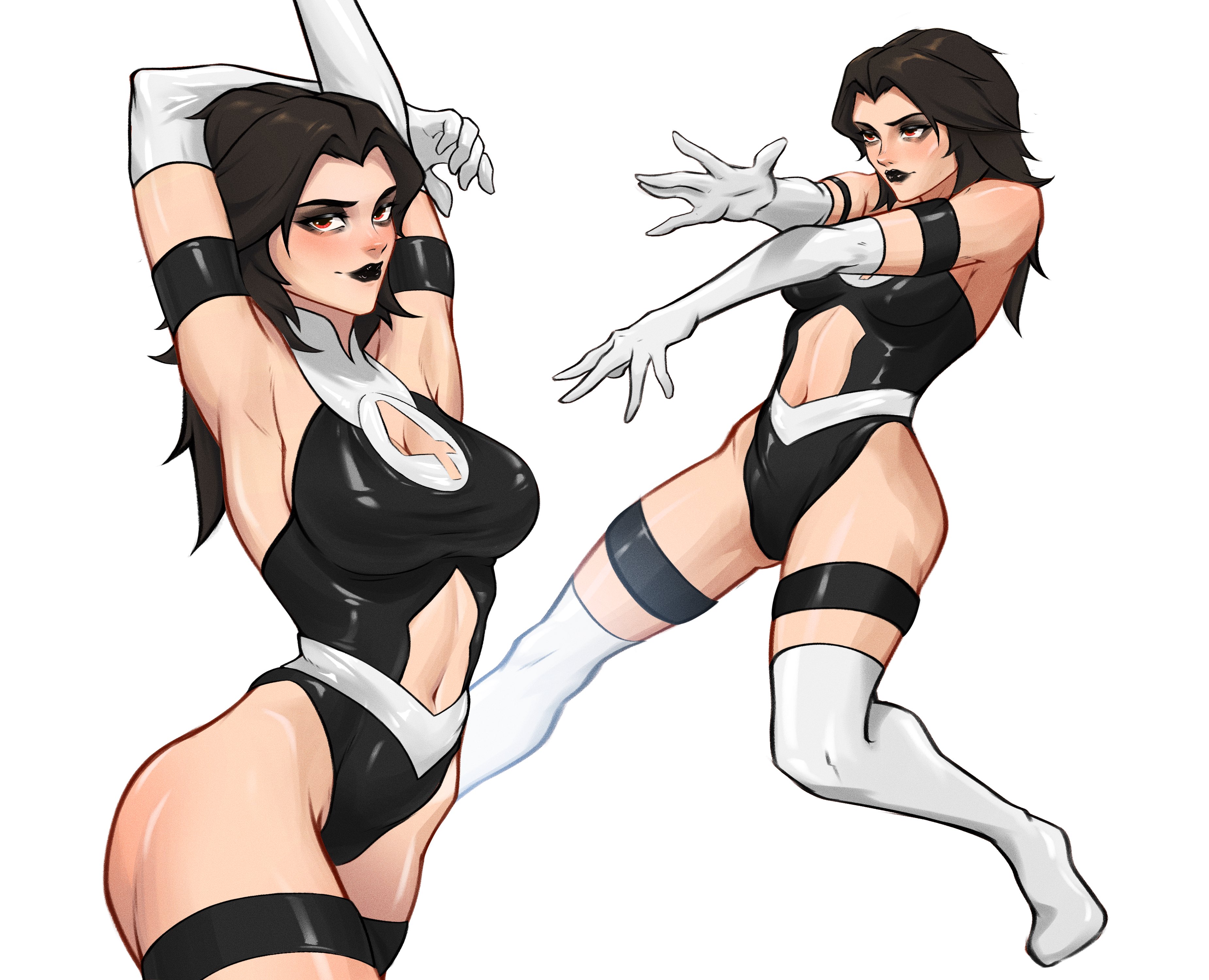 1girls, alternate costume, alternate hair color, black clothing, black eyeshadow, black hair, black lipstick, black outfit, boob window, breasts, fantastic four, female, genjiruu, goth, goth girl, invisible woman, invisible woman (marvel rivals), light skin, light-skinned female, marvel, marvel comics, marvel rivals, sue storm, sue storm 90s costume, susan storm, white background