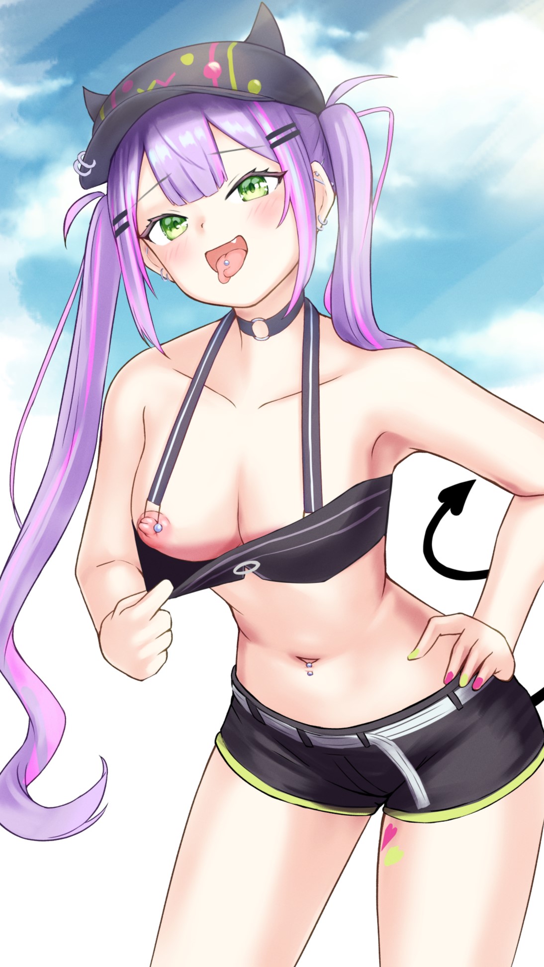 bibi_(tokoyami_towa) breasts clothes_pull commentary_request commission crop_top demon_tail female forked_tongue green_eyes highres hololive leaning_forward looking_at_viewer menmon navel navel_piercing nipple_piercing no_bra paid_reward_available piercing pixiv_commission smile solo standing tail tokoyami_towa tokoyami_towa_(1st_costume) tongue tongue_out twintails virtual_youtuber